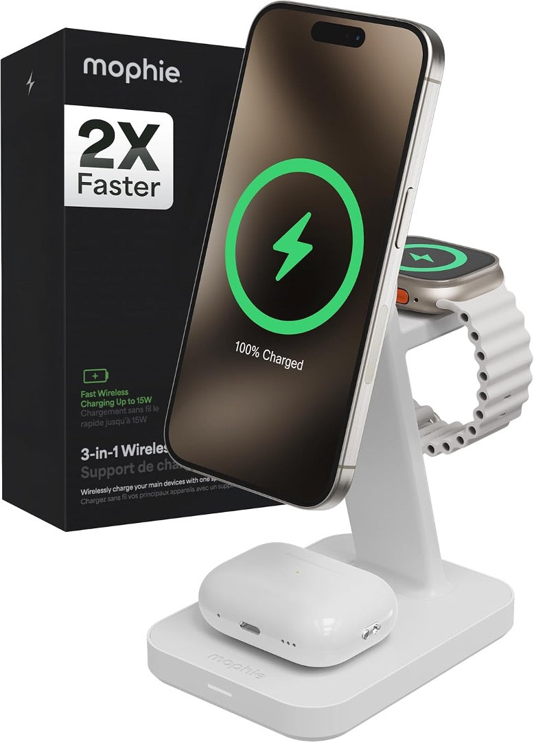 Mophie 3-in-1 Wireless Charging Station with Qi2 Fast Charging - White | Perfect for iPhone, AirPods & Apple Watch Charging at Home, Office or Nightstand