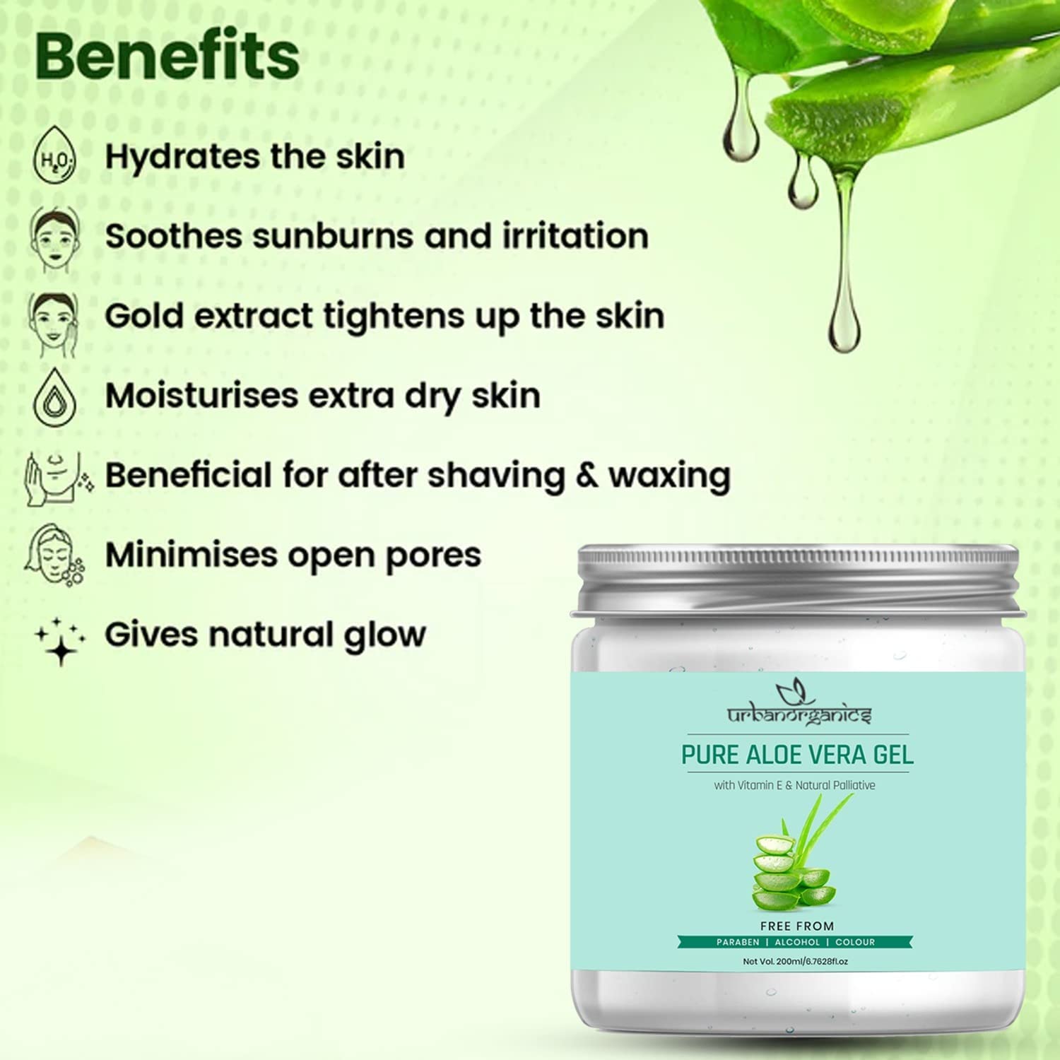 Urbanorganics Pure Aloe Vera Gel for Skin & Hair Care - Vitamin E Enriched, Paraben Free, 200ml - Soothes Sunburn, Hydrates Dry Skin & Conditions Hair Naturally