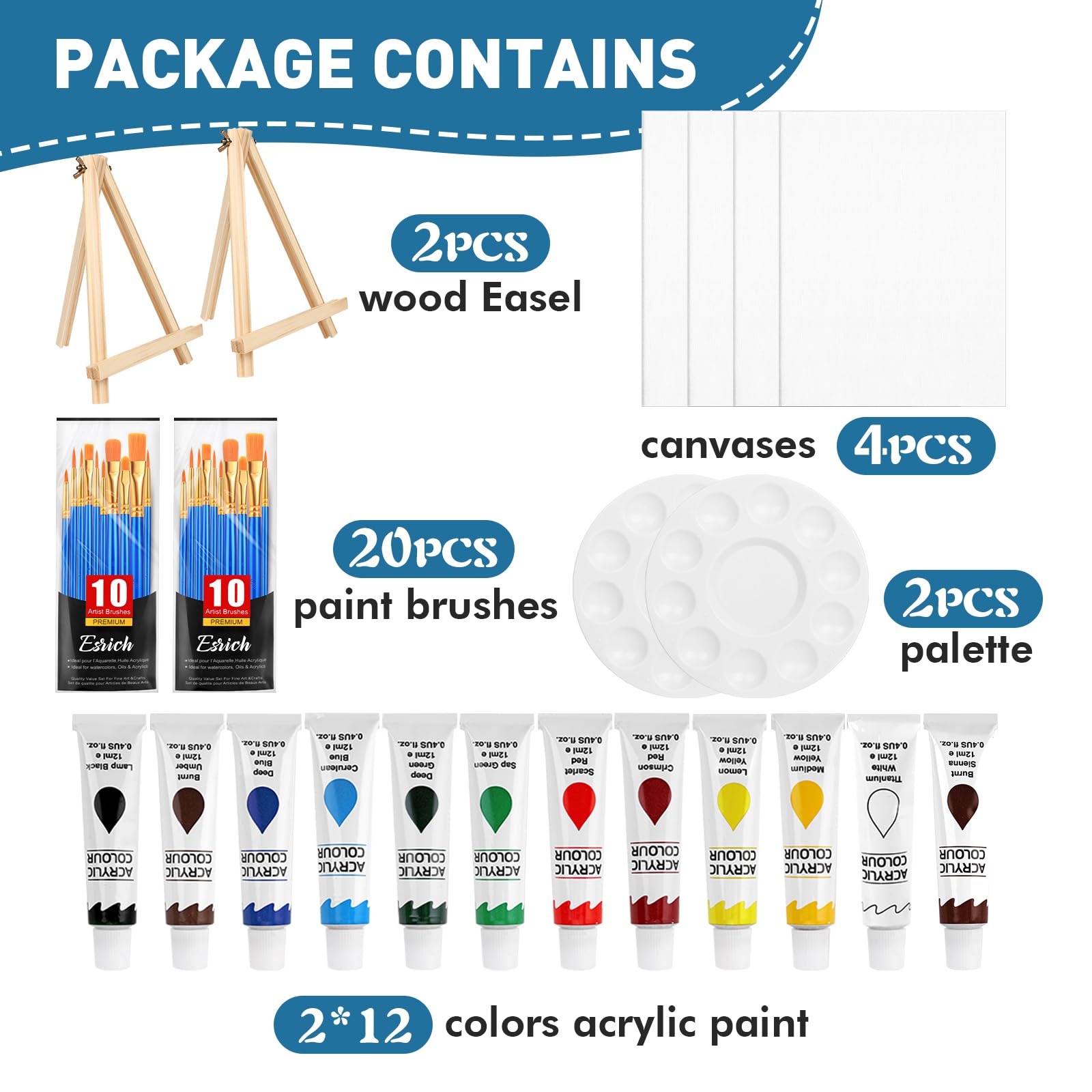 52PCS Acrylic Painting Kit for Beginners - 24 Colors Acrylic Paints, Brushes, Canvases, Wooden Easels & Art Plates - Complete Art Supplies Set for Kids & Adults - Perfect for Home, School & DIY Art Projects