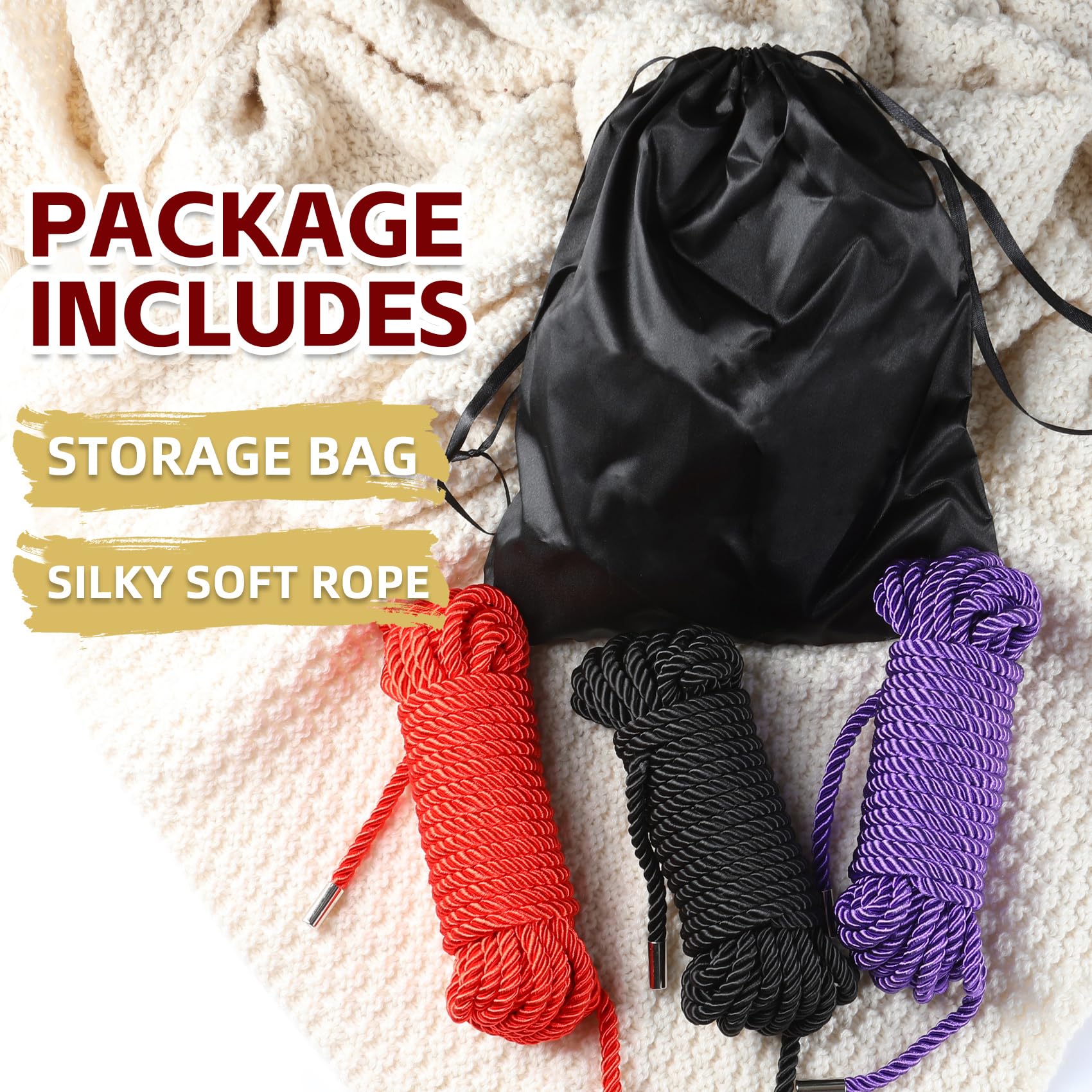 Premium BDSM Shibari Bondage Rope Kit - 32 Feet 8MM Soft Cotton Sex Rope with 3 Clips for Couples & Adults - Sensual Restraint Toy for Bedroom Play, Spicing Up Relationships & Kink Exploration