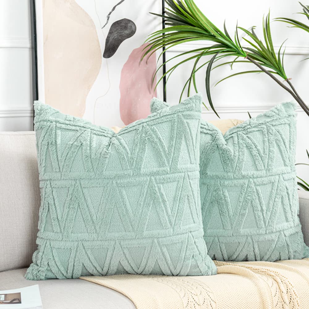 Zuccviloa 18x18 Inch Decorative Throw Pillow Covers - Soft Velvet Farmhouse Boho Style Cushion Covers for Couch, Bed, Sofa & Living Room (Light Teal) - Perfect for Home Decor, Accent Pillows & Cozy Interior Design