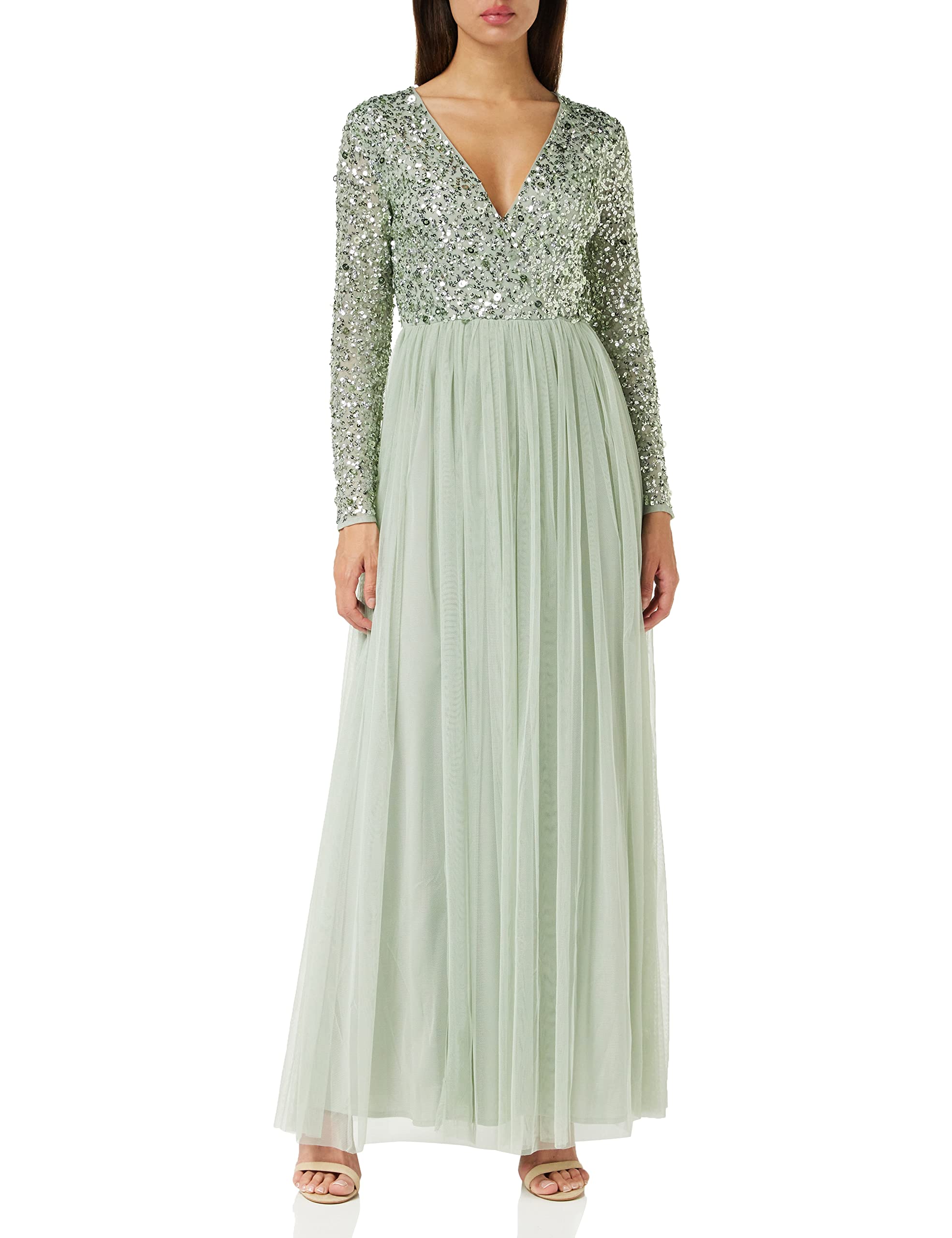 Elegant Long Sleeve V-Neck Sequin Embellished Maxi Dress for Women - Perfect for Wedding Guest, Bridesmaid, Prom & Evening Parties