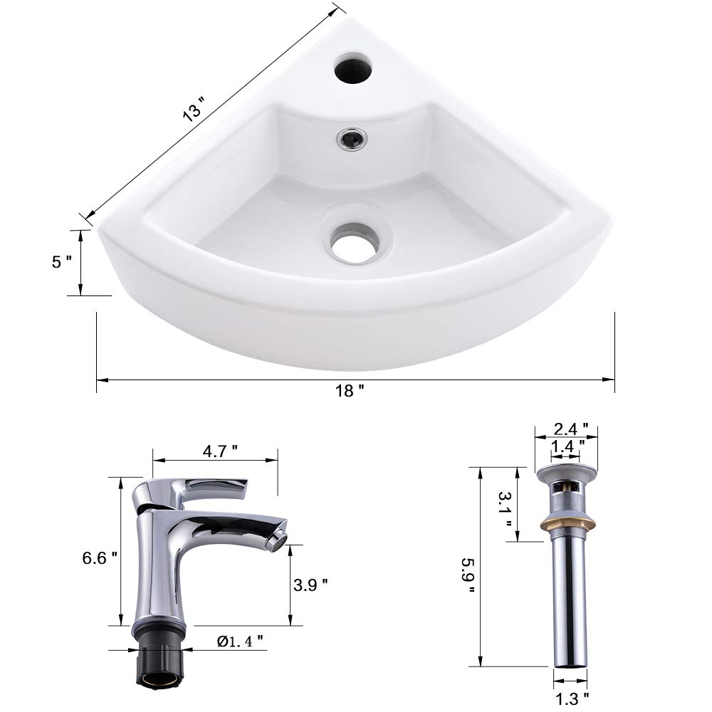Bokaiya 18x13 Inch White Porcelain Corner Wall Mount Bathroom Sink with Overflow - Space Saving Triangle Vessel Sink for Small Bathrooms, Includes Faucet - Perfect for Apartments, Tiny Homes & Powder Rooms