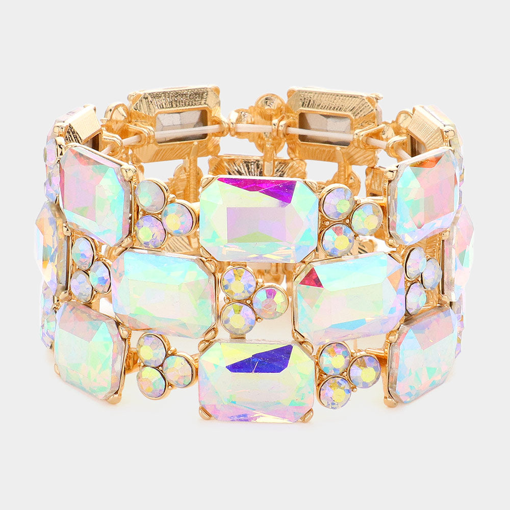 Emerald Cut Crystal Accented Gold Stretch Bracelet for Women | Elegant Pageant Jewelry | Perfect for Parties, Weddings & Special Occasions
