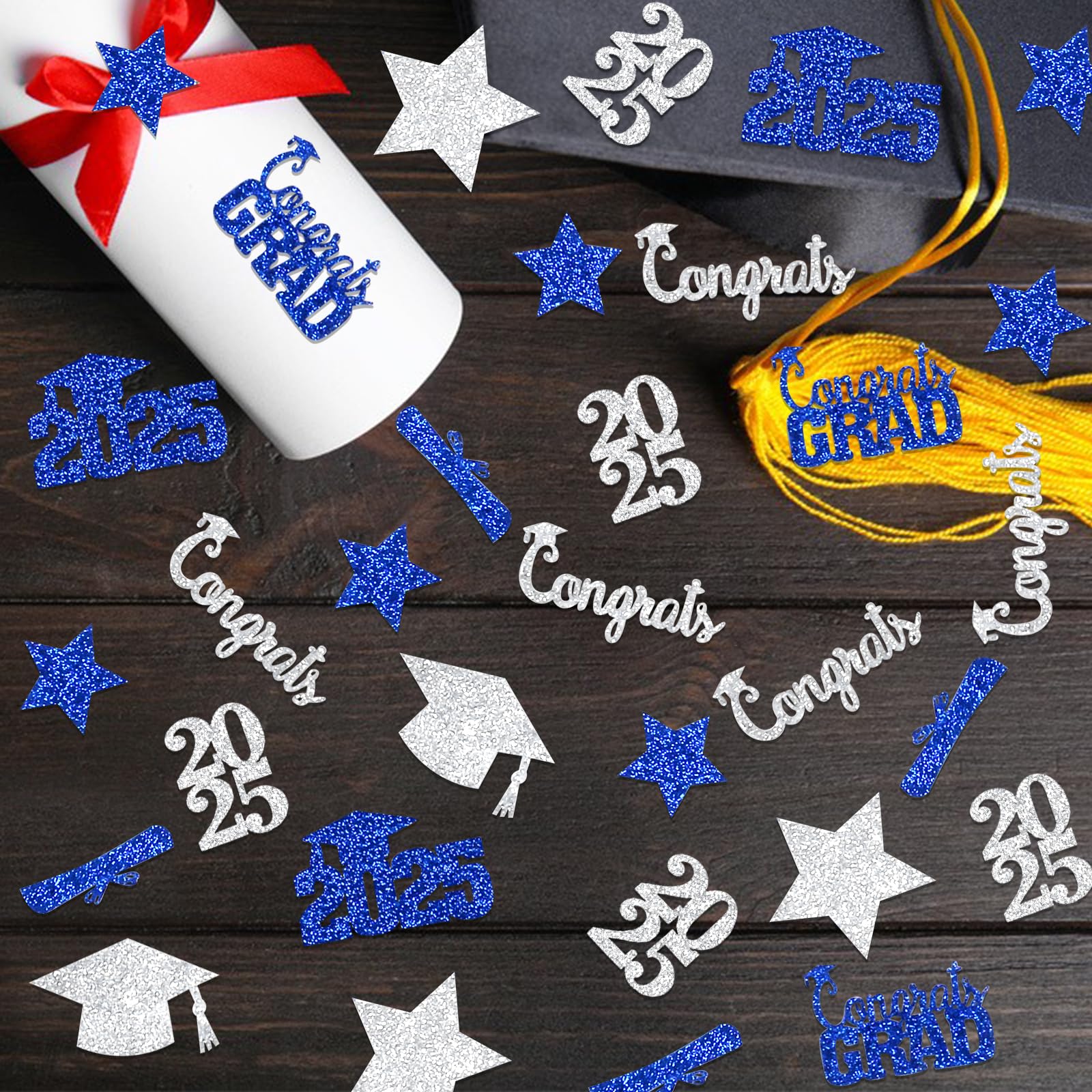 200Pcs Blue and Silver Graduation Confetti for 2025 - Bulk Graduation Party Decorations, Table Scatter for Grad Party, Commencement, School Events & Celebrations