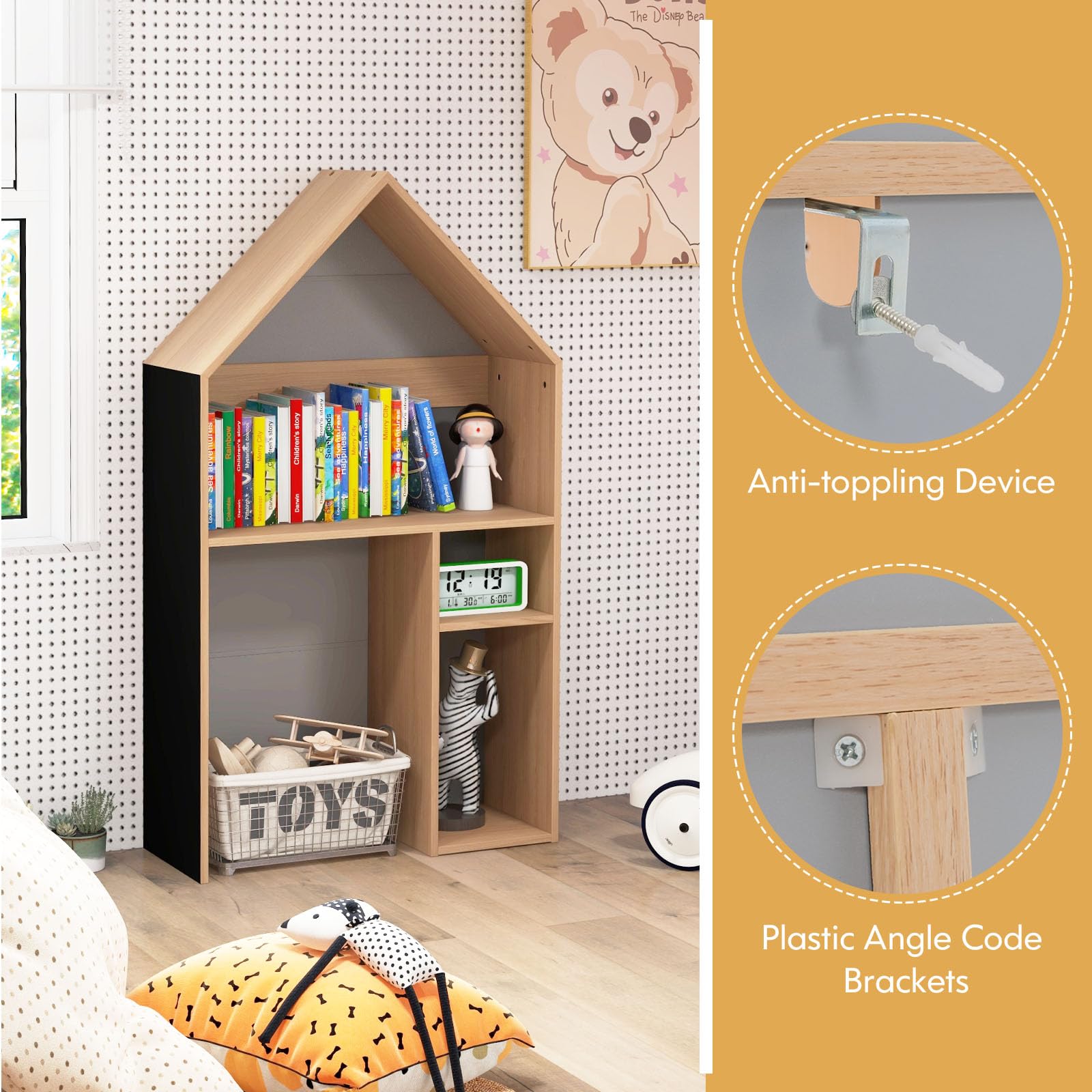 Costzon Kids Table and Chair Set - 2-in-1 House-Shaped Wooden Desk with Blackboard & Storage | Toddler Learning Furniture for Drawing, Reading & Play | Perfect Gift for Boys & Girls (Grey) | Ideal for Preschool, Homeschool & Playroom