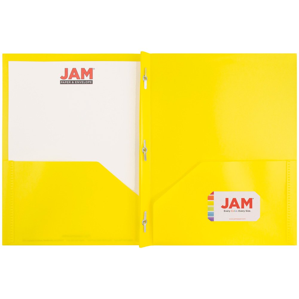 JAM Paper Medium Weight Plastic Presentation Folder with Metal Prong Fastener Clasps - Yellow - 96/Pack - Ideal for Office, School, and Business Document Organization