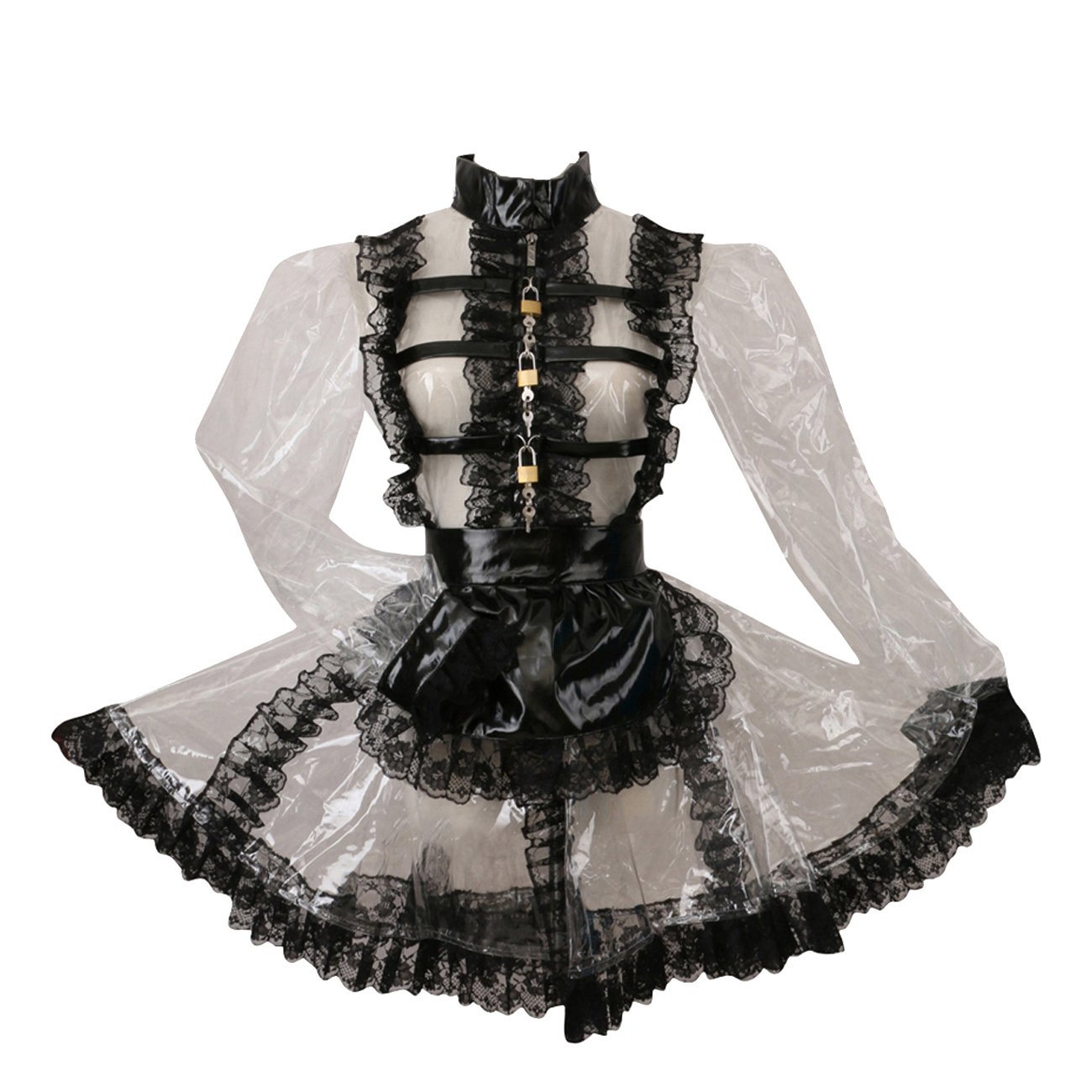 Lockable PVC Transparent Black Lace Dress Costume for Women - 3 Lock System Crossdressing Outfit | Perfect for Cosplay, Halloween, and Role-Playing