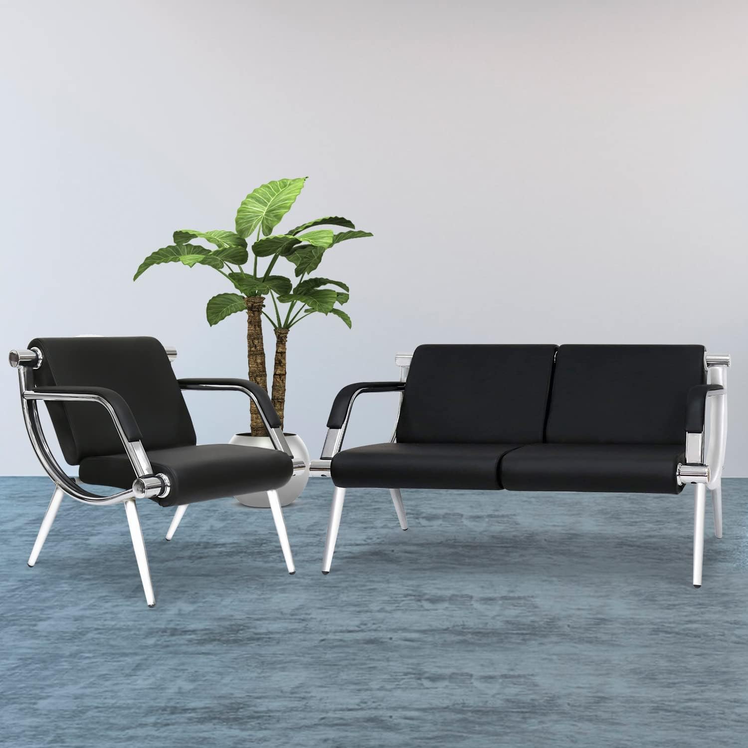 kinbor Black PU Leather Waiting Room Chairs - Office Reception Bench with Armrests for Airport, Bank, Salon | Durable Seating Solution for High-Traffic Areas