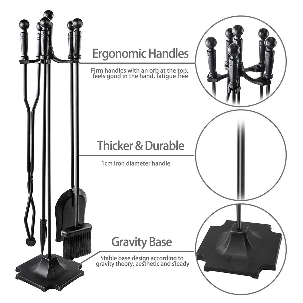 5-Piece Fireplace Tool Set with Sturdy Handles - Modern Fireplace Accessories for Indoor & Outdoor Use - Perfect for Fireplace, Chimney, Stove, Fire Pit - Ideal for Home Heating, Camping & Backyard Gatherings