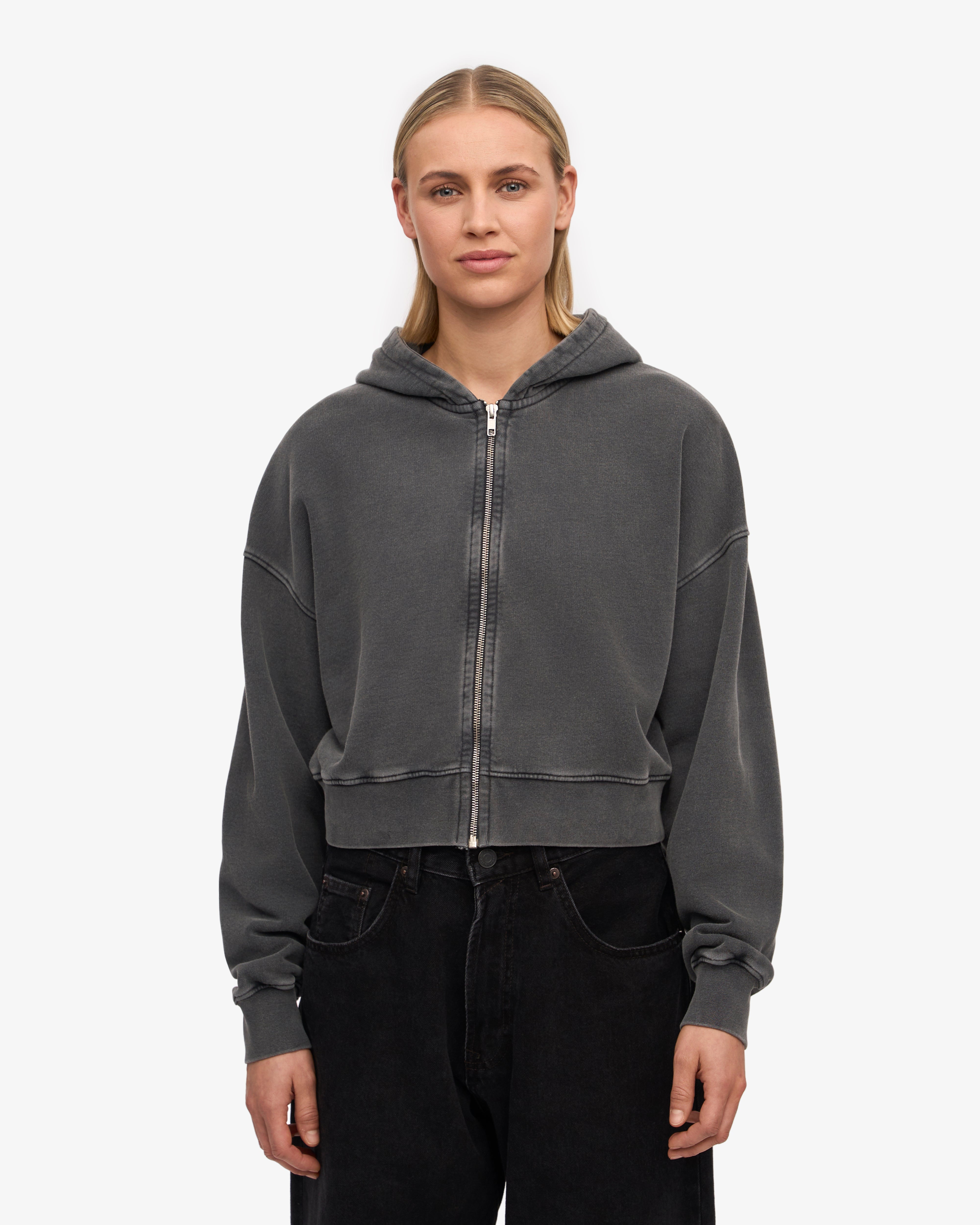 Organic Crop Zip Hoodie for Women - Faded Black Oversized Pullover | Casual Streetwear, Gym, Lounge & Outdoor Activities