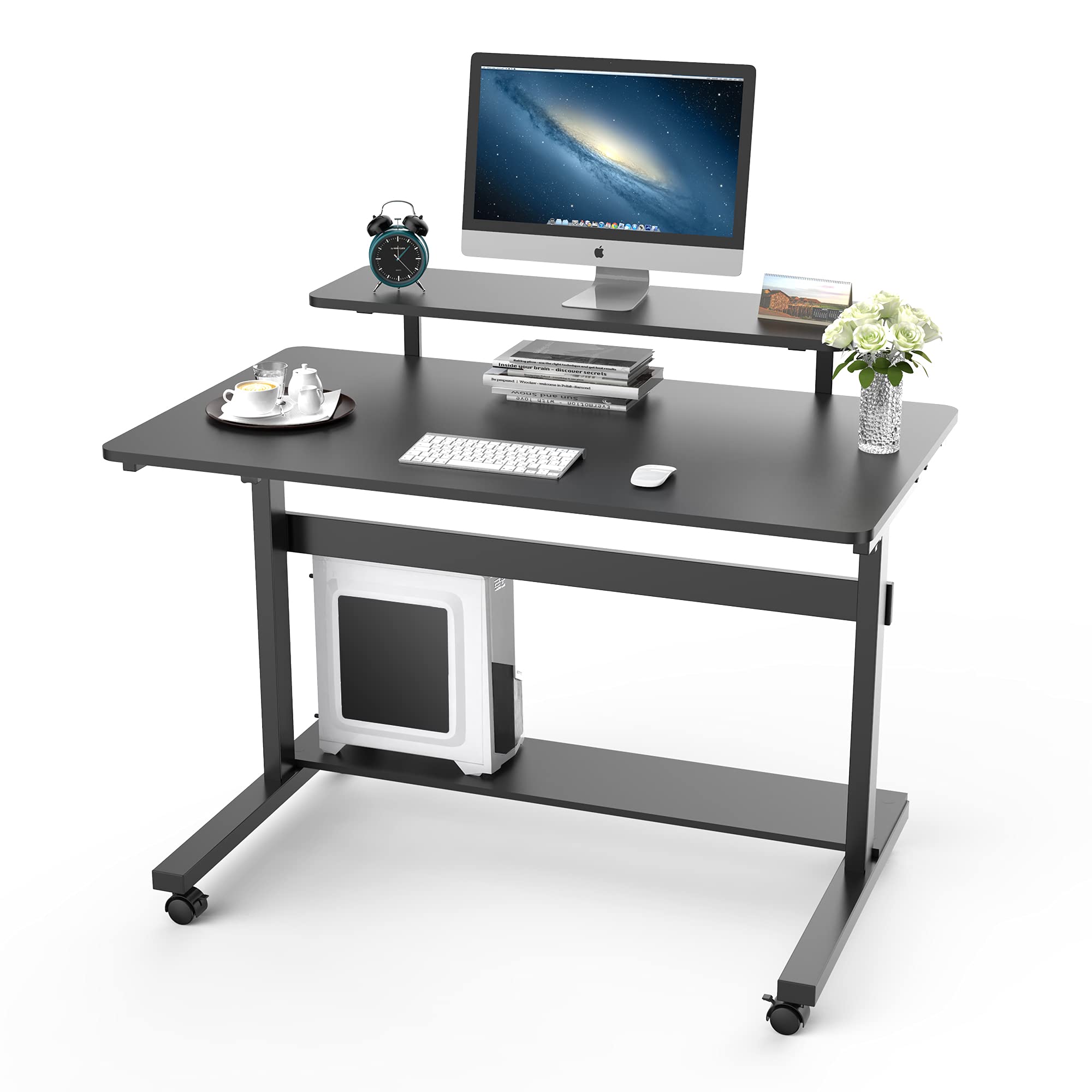 Eureka Ergonomic 41-Inch Adjustable Height Computer Desk with Hutch, CPU Stand & Lockable Wheels - Rolling Sit Stand Desk for Home Office - Black | Perfect for Small Spaces & Remote Work