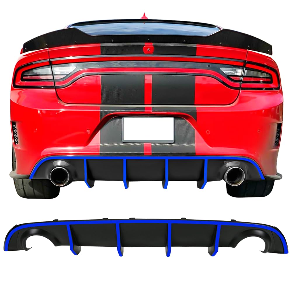 IKON MOTORSPORTS V2 Style Rear Diffuser with Blue Reflective Tape - Compatible with 2015-2023 Dodge Charger SRT | Aggressive Styling Upgrade for Street Racing & Car Shows