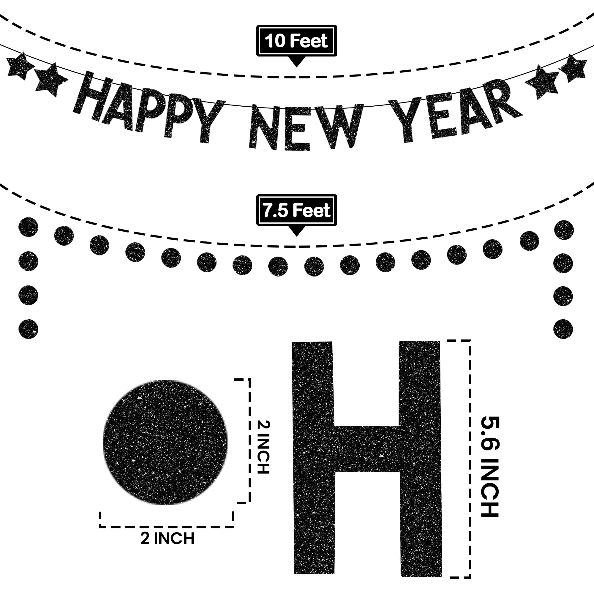 Katchon Glitter Happy New Year Banner 2025 - Black Party Decor with 2 Pre-Assembled Strings | New Year's Eve Party Supplies for Wall Decorations | Perfect for NYE Countdown, Home Celebration & Holiday Photo Backdrop
