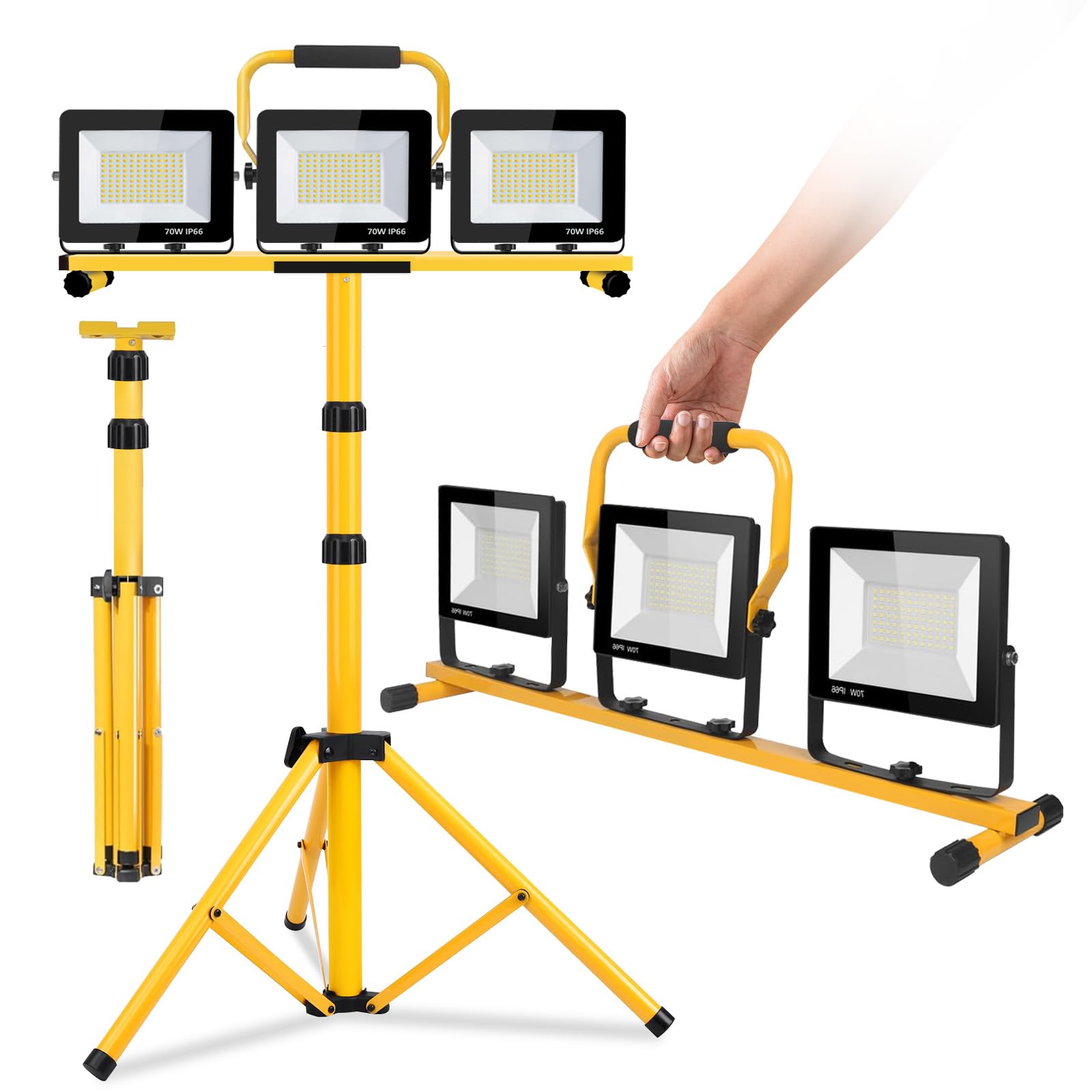 22000 Lumen LED Work Light with Adjustable Tripod Stand - 3 Head Waterproof Workshop Light, 6500K Daylight White, Foldable Design for Construction, Garage, and Outdoor Repair Projects