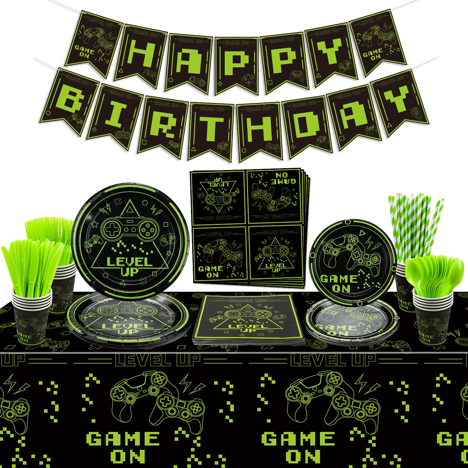 162Pcs Green Video Game Party Decorations Set - Includes Game On Plates, Napkins, Cups & Birthday Banner - Perfect for Boys Gaming Birthday Party & Level Up Theme - Serves 20 Guests - Ideal for Gaming Themed Birthday Parties, Game Night Decorations & Esports Events