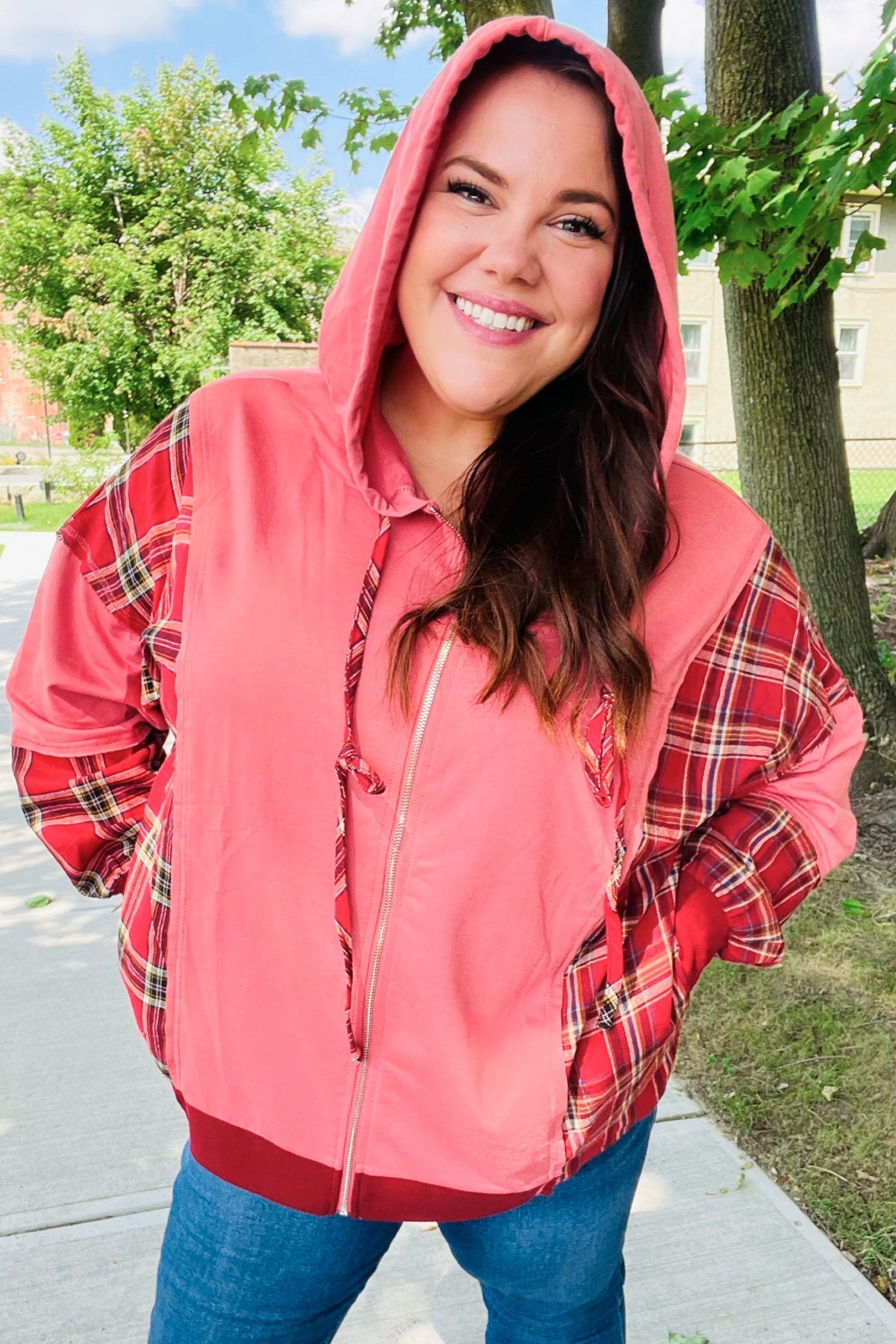 Stylish Marsala Plaid Color Block Zipper French Terry Hoodie for Women | Cozy Fall & Winter Outerwear | Perfect for Casual Outings, Lounge Wear and Street Fashion