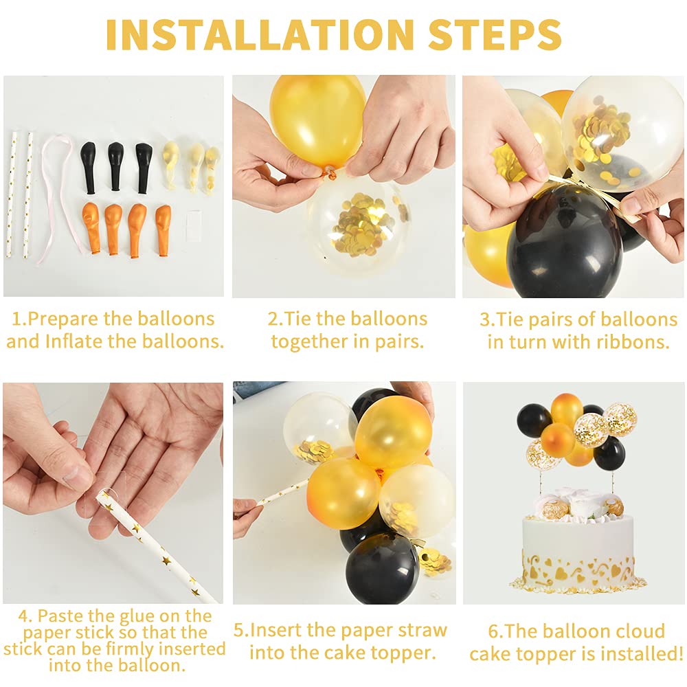 BEISHIDA 5 Inch 10pcs Black Gold Balloon Cloud Cake Topper Set - Happy Birthday Mini Balloon Garland with Letter Decorations - Perfect for Birthday Cakes, Cupcakes, Dessert Tables & Party Decorations