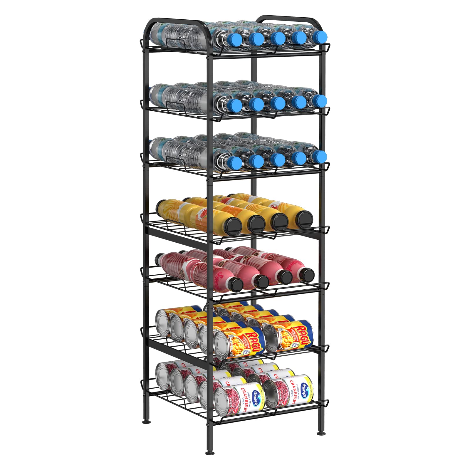 7-Tier Metal Water Bottle Organizer Stand - Free-Standing Kitchen Pantry Storage Rack for Bottles, Food & Supplies - Durable Black Shelf for Home, Office & Dorm Organization