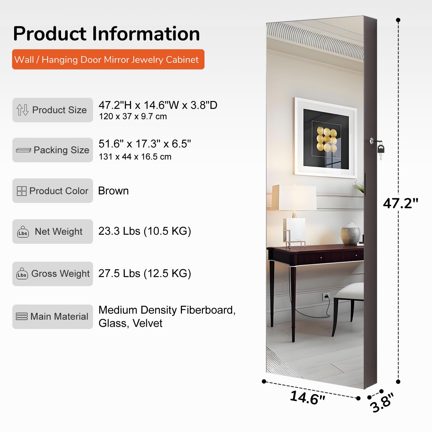 GISSAR Full Length Mirror Jewelry Cabinet with 6 LED Lights - Wall Mounted Over The Door Hanging Jewelry Organizer - Lockable Storage for Necklaces, Rings & Accessories - Brown (14.6