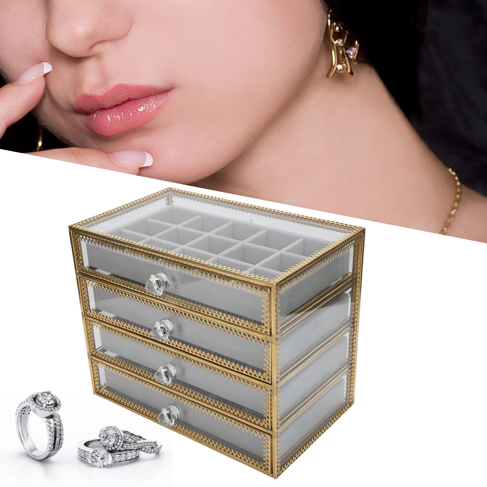 EXCLUZO 60 Grids Clear Glass Nail Art Organizer Box with 4 Drawers - Nail Polish & Jewelry Storage for Salon, Home, and Mall Counter Display