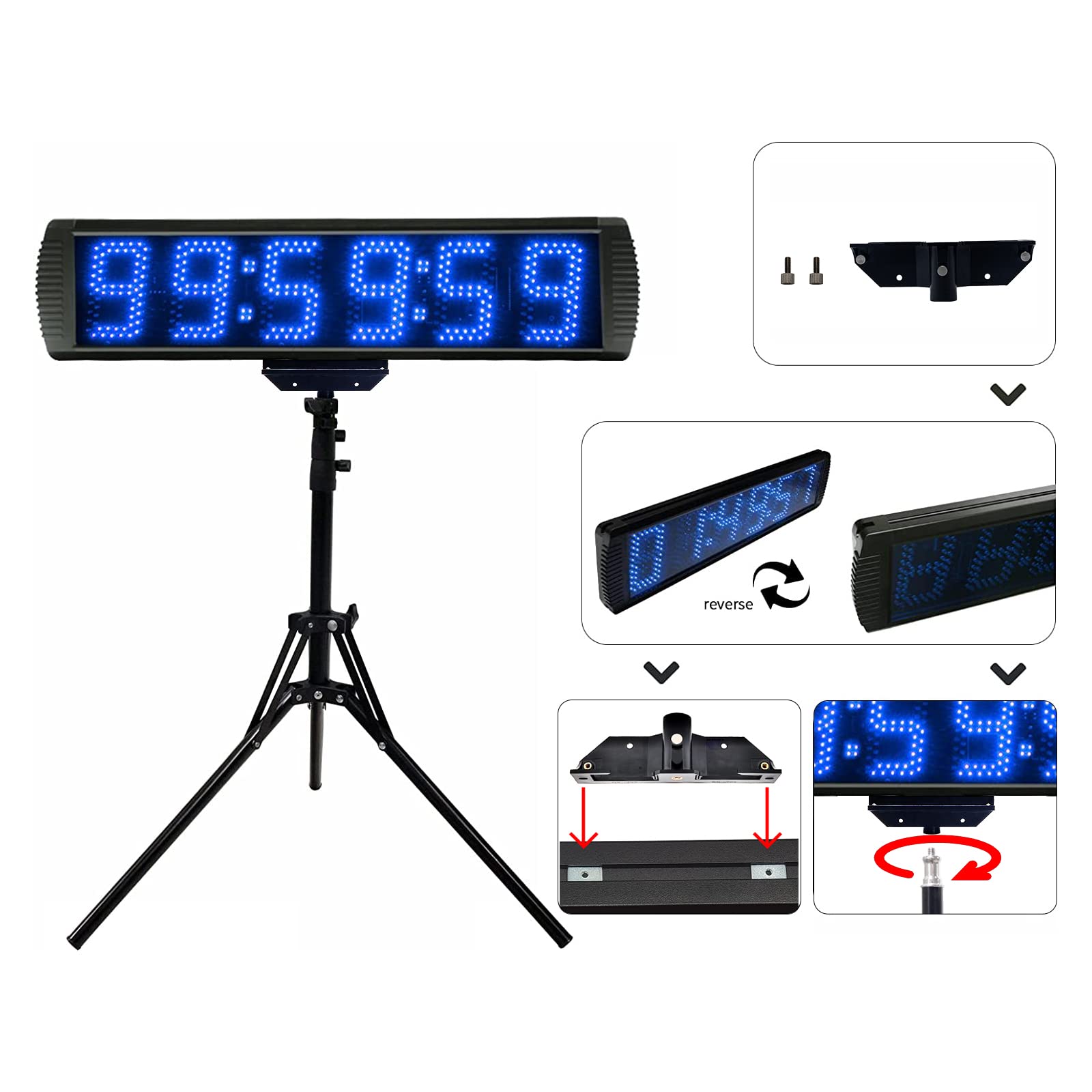 GANXIN 5 Inch LED Race Timer with Tripod - Marathon Countdown Clock, Gym Stopwatch with Wireless Remote & APP Control, 5-Level Brightness Adjustment (Blue) - Perfect for Running Events, Track Meets & Fitness Training