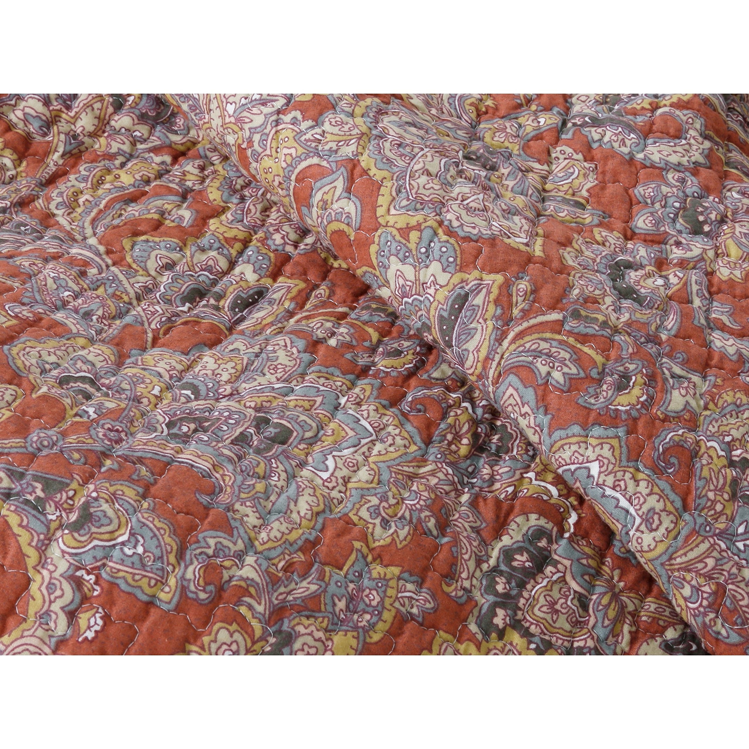 3 Piece Exotic Paisley Medallion Quilt Set Full/Queen Size - Leafy Vines Tribal Mandala Flowers Bedding with Lush Earthy Nature Pattern - Rustic Oriental Artwork Design in Orange & Grey - Perfect for Bohemian, Eclectic or Global Inspired Bedrooms