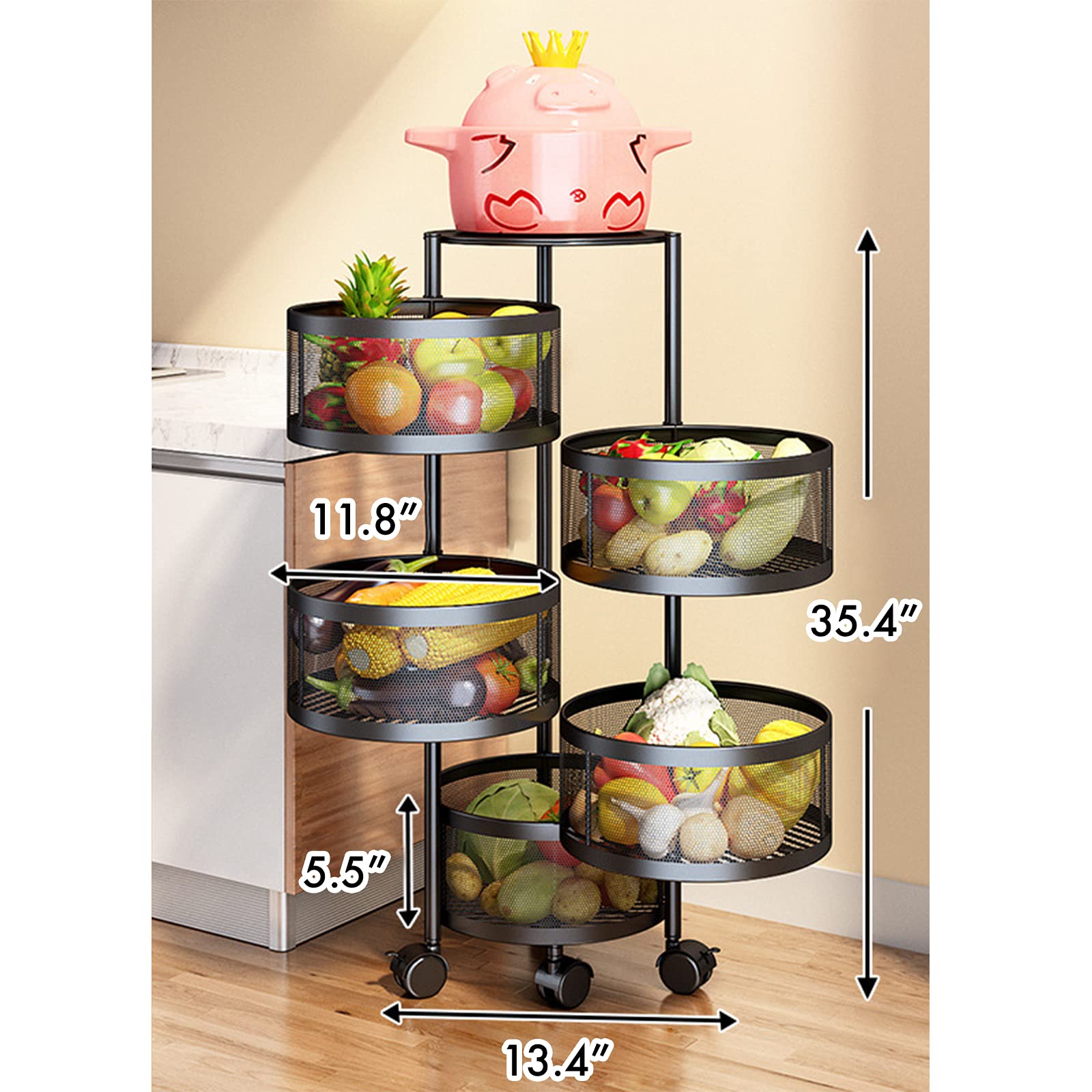 Rotating 5-Tier Kitchen Storage Shelf for Fruits & Vegetables - Home & Living Room Organizer