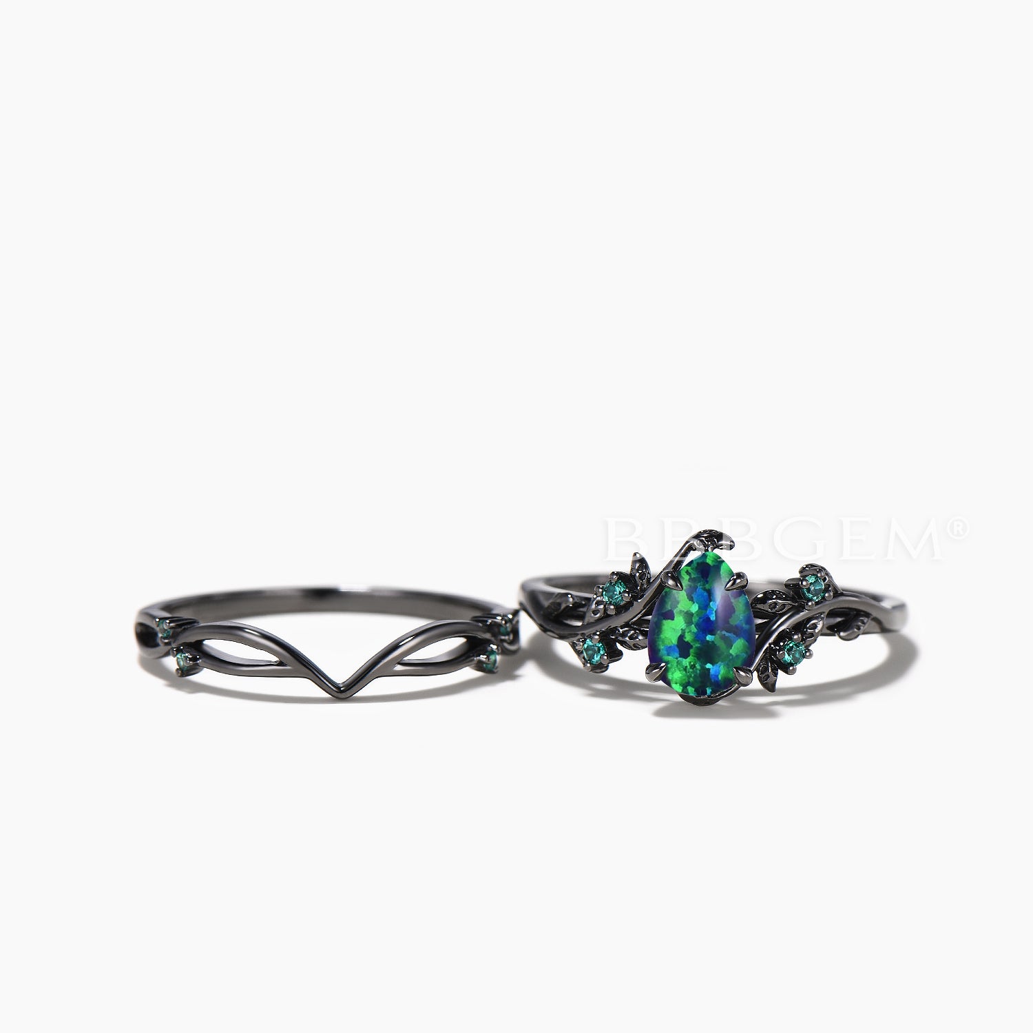 Natural Black Opal Engagement Ring with Emerald Accents - 14K Black Gold Bridal Set for Women, Perfect for Weddings, Anniversaries & Special Occasions