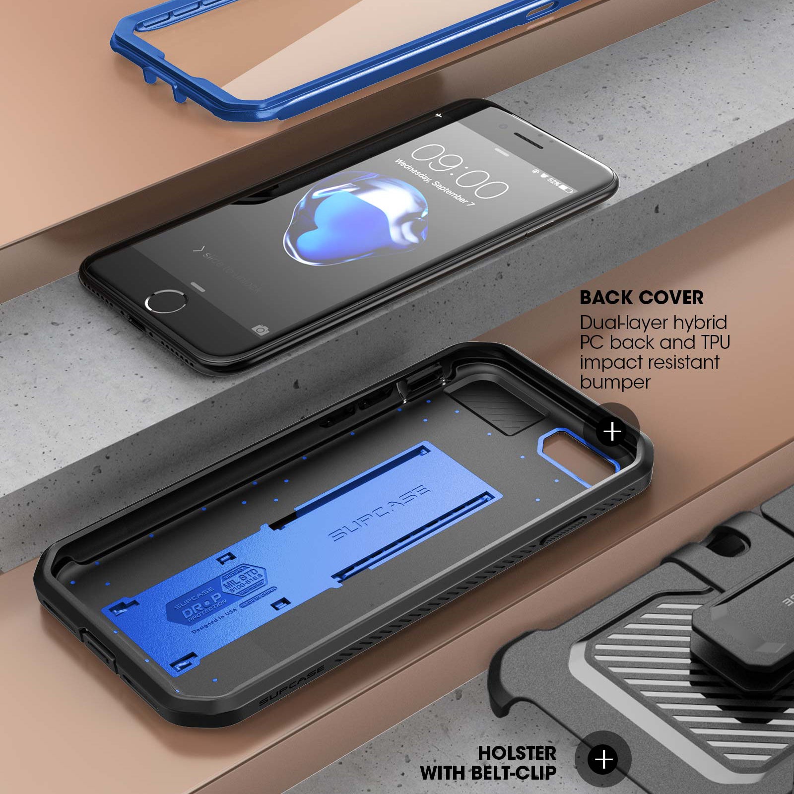 iPhone SE Unicorn Beetle Pro Rugged Full Body Protective Case with Built-in Kickstand - Dark Blue - Shockproof, Drop Protection for Outdoor, Travel & Daily Use