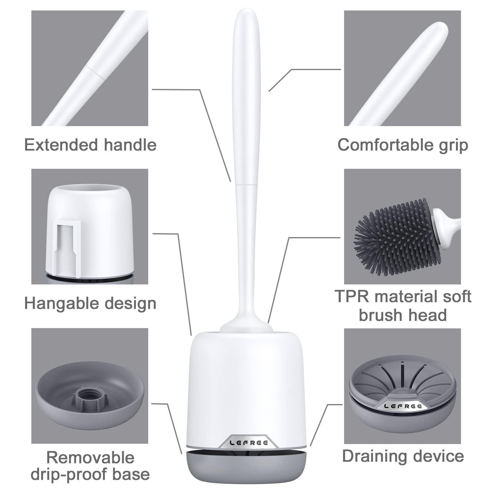 Lefree Silicone Toilet Brush Set with Holder - Wall Mount & Floor Standing for Bathroom Cleaning