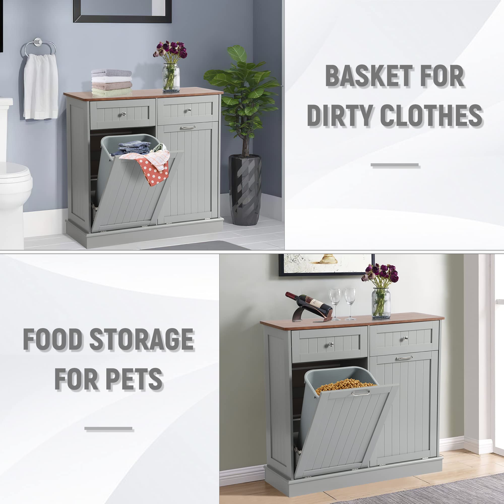 Tilt Out Trash Can Cabinet with Double Hidden Can Holder - Wooden Free Standing Kitchen Recycling Storage - Dog Proof Gray Cabinet for Waste Management & Home Organization