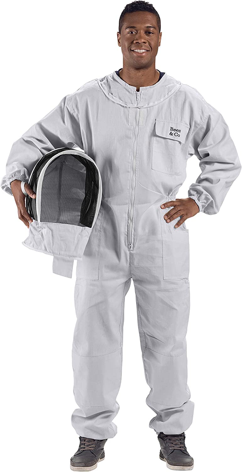 Bees & Co U74 Professional Cotton Beekeeper Suit with Fencing Veil - Full Body Protection for Beekeeping, Honey Harvesting & Apiary Work