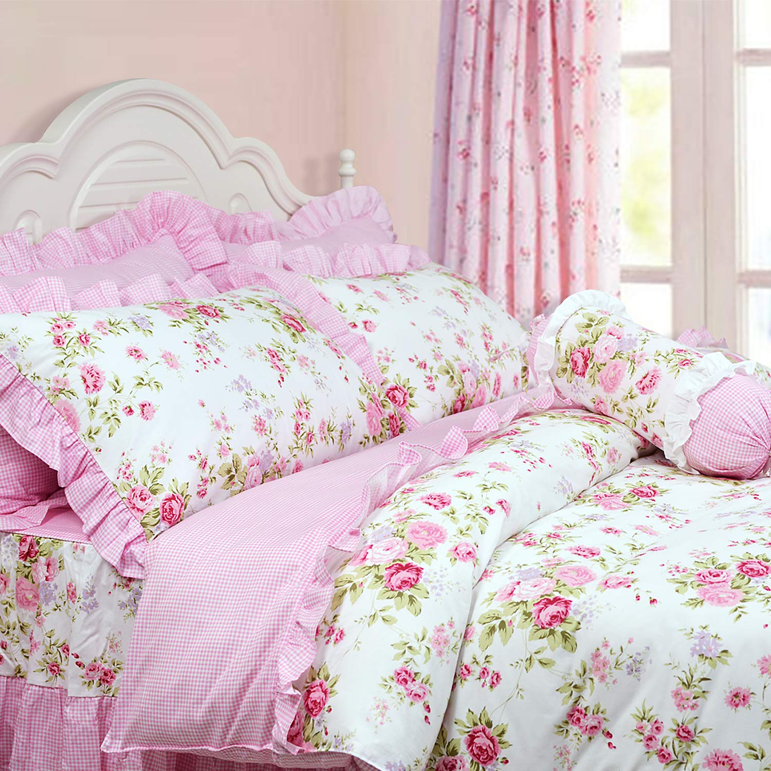 FADFAY Shabby Pink Duvet Cover Set - Rose Floral Bedding Collection with Elegant Princess Lace Ruffle - 4 Piece Full Size Quilt Cover for Girls - Perfect for Princess Themed Bedrooms, Teen Rooms & Gift Giving