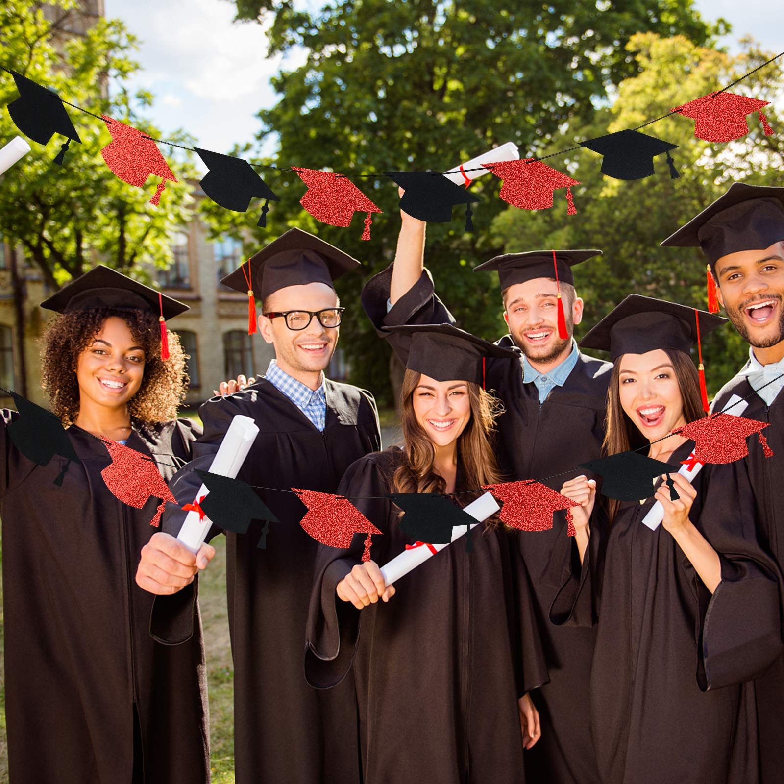 2025 Red and Black Glitter Graduation Decorations - Graduation Cap Garland Banner for College Grad Party Decor | Perfect for Graduation Ceremonies, Photo Backdrops & Home Celebrations