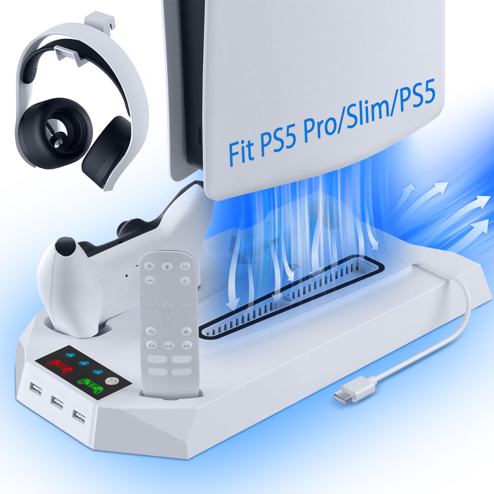 PS5 Cooling Stand with Turbo Fan & Dual Charging Station - Vertical Stand for PS5 Pro/Slim & Digital/Disc Edition - Includes Headset Holder - Perfect for Gaming Sessions & Console Protection (White)