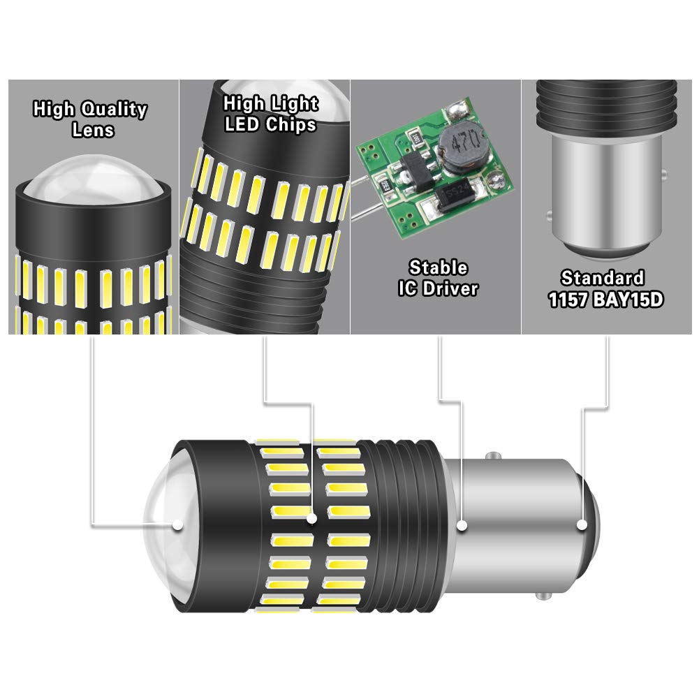 1157 BAY15D LED Bulbs 2400LM 48-SMD 4014 Chipsets with Lens Projector - Super Bright Xenon White Backup Reverse Lights, Tail Lights, Brake Lights, Side Marker Lights (Pack of 2) - Perfect for Trucks, SUVs, Cars & Motorcycles