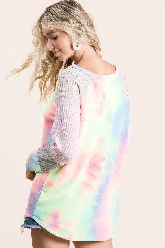 BiBi Tie Dye Terry Top with Color Block Pointelle Knit | Women's Casual Short Sleeve Shirt | Perfect for Summer Outings, Beach Vacations & Music Festivals