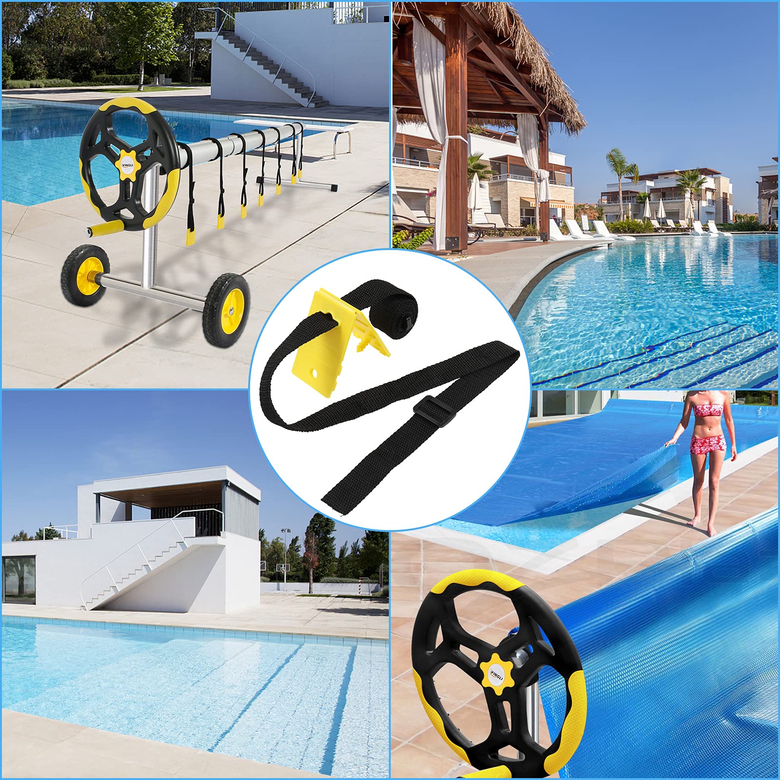 VINGLI In-Ground Pool Cover Reel Set with Embedded Straps & Clips - Solar Pool Cover Reel Attachment Kit Includes 8 Adhesive Nylon Straps, 12 Cord Plates & 8 Buckles for Easy Pool Cover Storage | Perfect for Backyard Swimming Pools, Residential Pool Maintenance & Winter Pool Protection