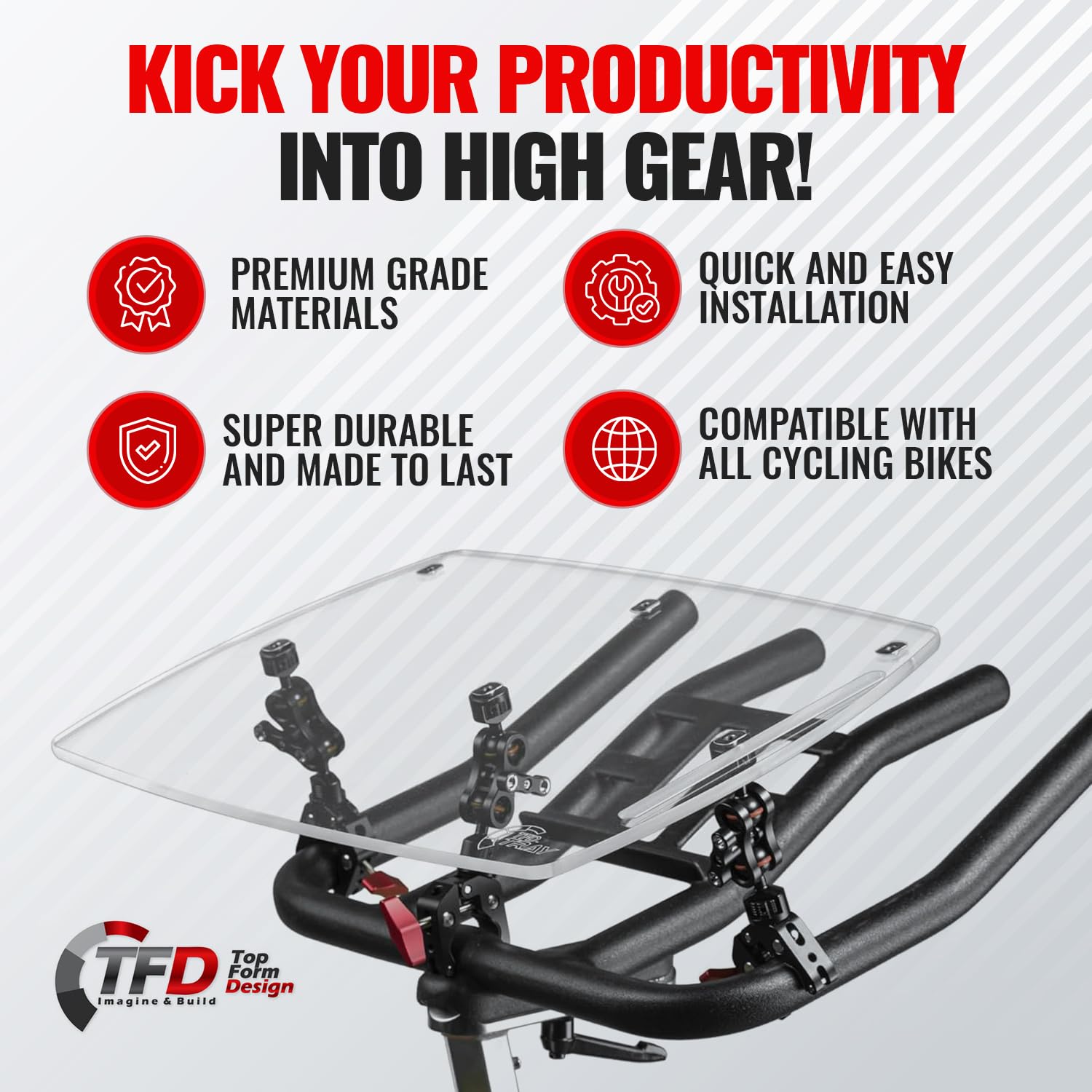 TFD Adjustable Acrylic Bike Tray - Universal Laptop Stand for Exercise Bikes | Portable Workstation for Laptop, Books & Tablets | Perfect for Home Gym, Office & Indoor Cycling Workouts