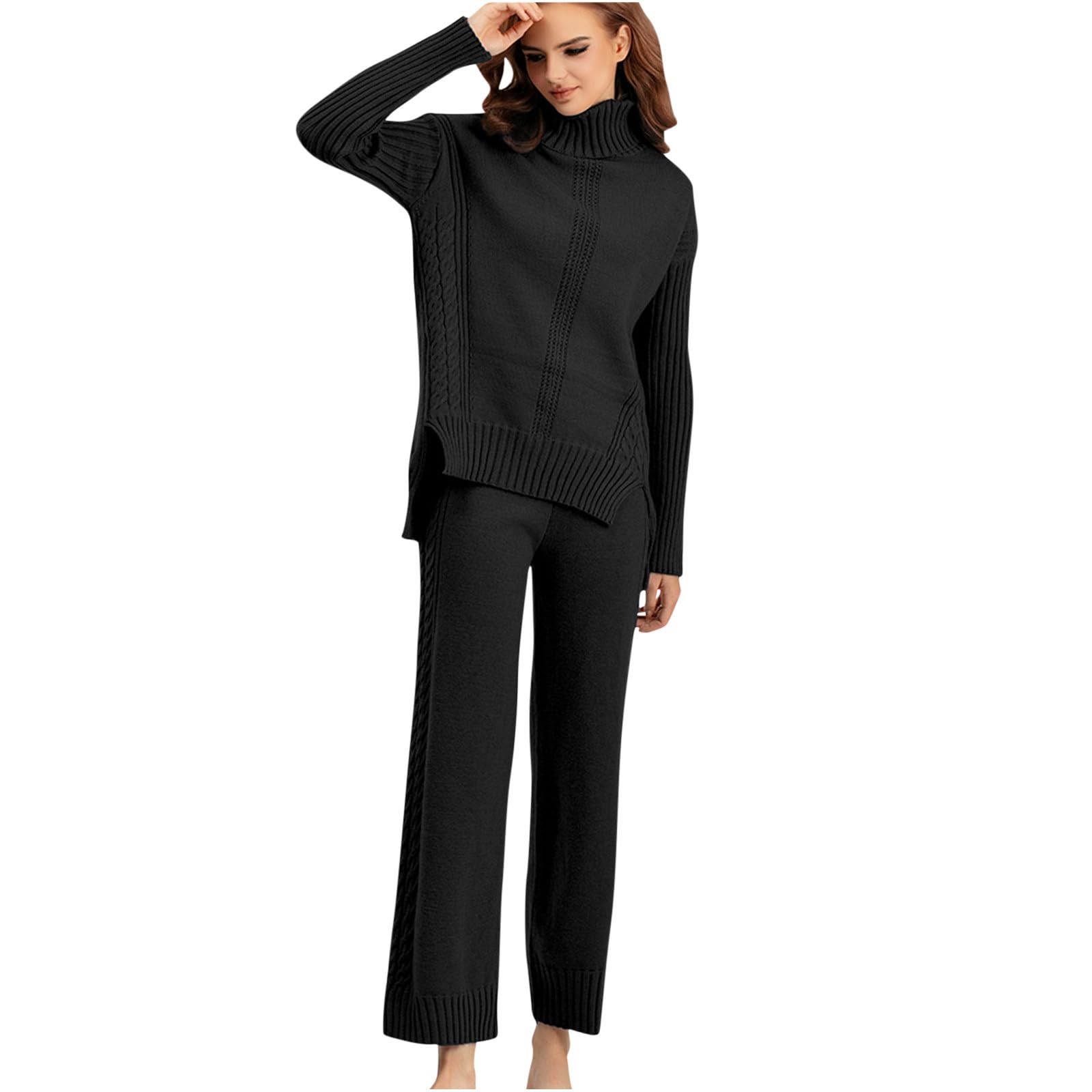 Women's 2-Piece Knitted Lounge Set - Long Sleeve Sweater Top & Pants Comfy Outfit for Autumn Winter | UK Size | Cozy Home Wear, Sleepwear & Casual Pajama Sets for Relaxing at Home