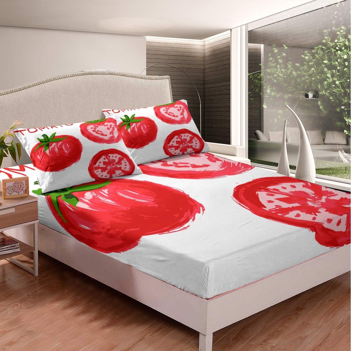 Red Tomato Printed Kids Bed Sheet Set - Ultra Soft Microfiber 3-Piece Duvet Cover (1 Fitted Sheet + 2 Pillowcases) for Boys & Girls | Queen Size | Vegetable Themed Nursery Decor | Perfect for Children's Bedrooms, Daycare Centers & Sleepovers