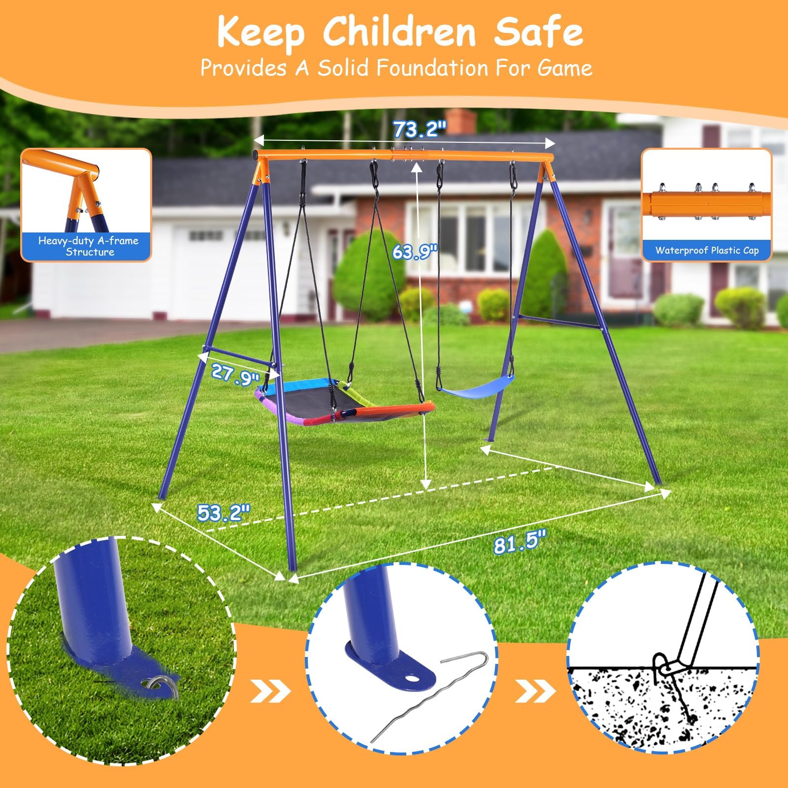 Durable 440lbs Heavy-Duty Metal A-Frame Swing Set for Backyard - Includes 1 Rectangle Platform Swing & 1 Kids Swing Seat - Perfect for Outdoor Play, Family Fun & Backyard Entertainment