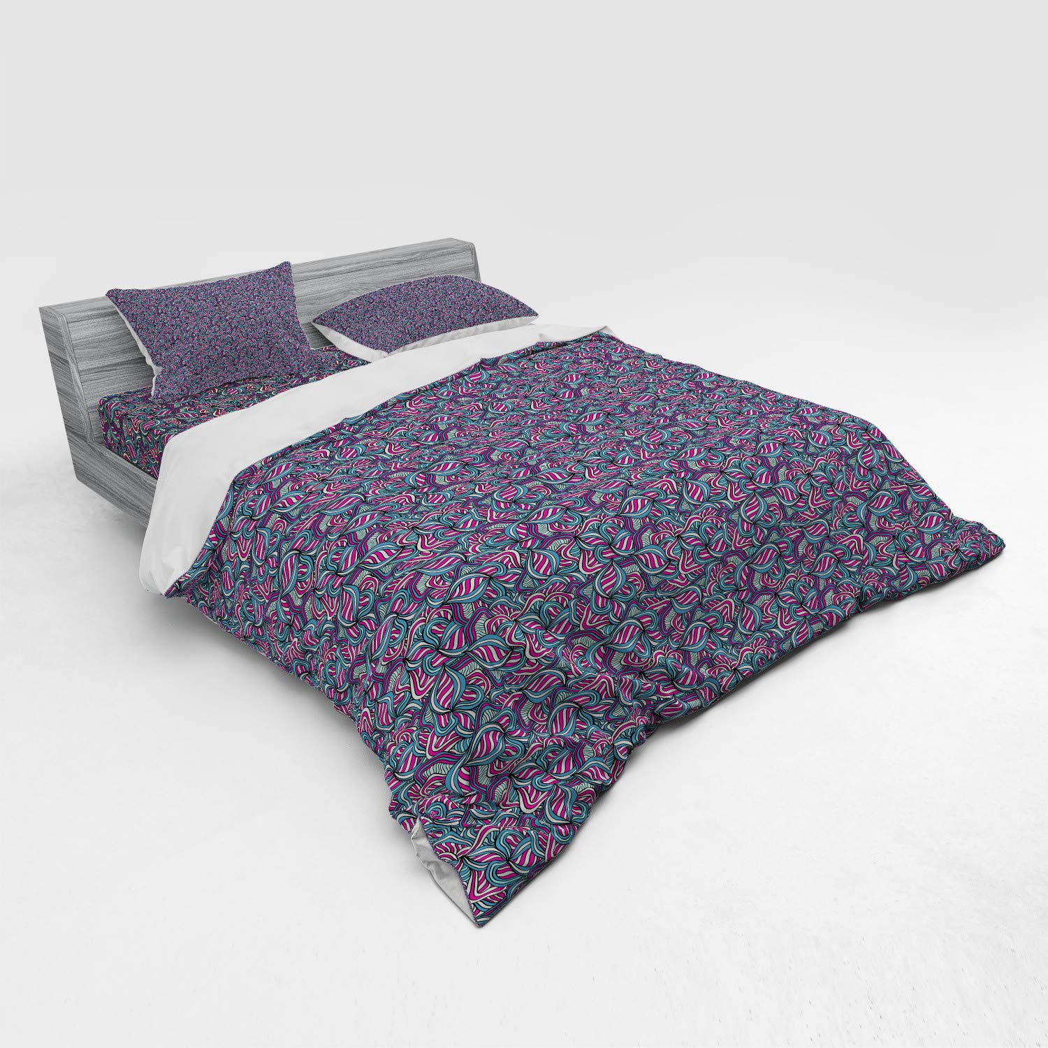 Ambesonne Bohemian Abstract Bedding Set - King Size 4-Piece Duvet Cover with Shams & Fitted Sheet, Hand-Drawn Wavy Line Design in Fuchsia Slate Blue Cream - Perfect for Modern Bedroom Decor & Bohemian Style Home