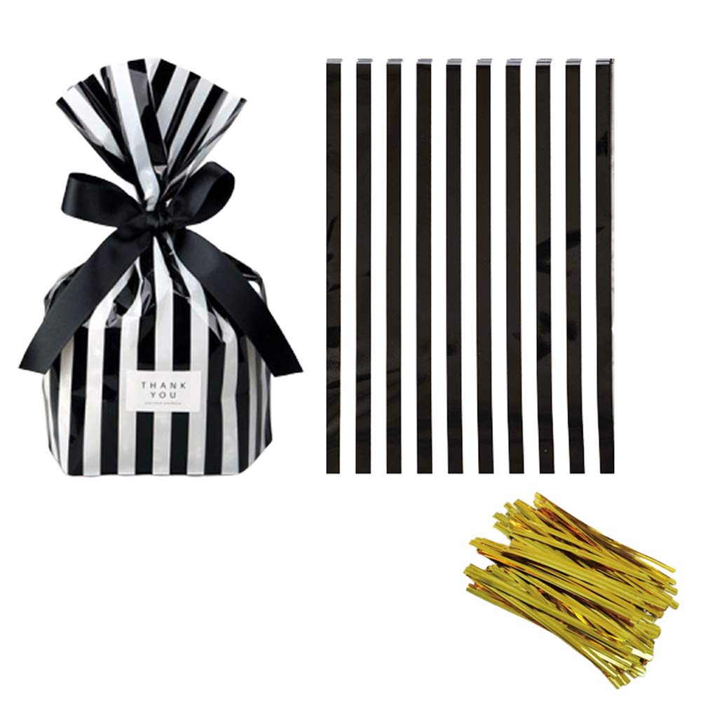 Premium Black Stripe Clear Cello Candy Favor Bags - 50 Pack with Gold Twist Ties - Cellophane Cookie & Treat Bags for Party Favors, Wedding, Baby Shower, Birthday Gifts & Candy Packaging