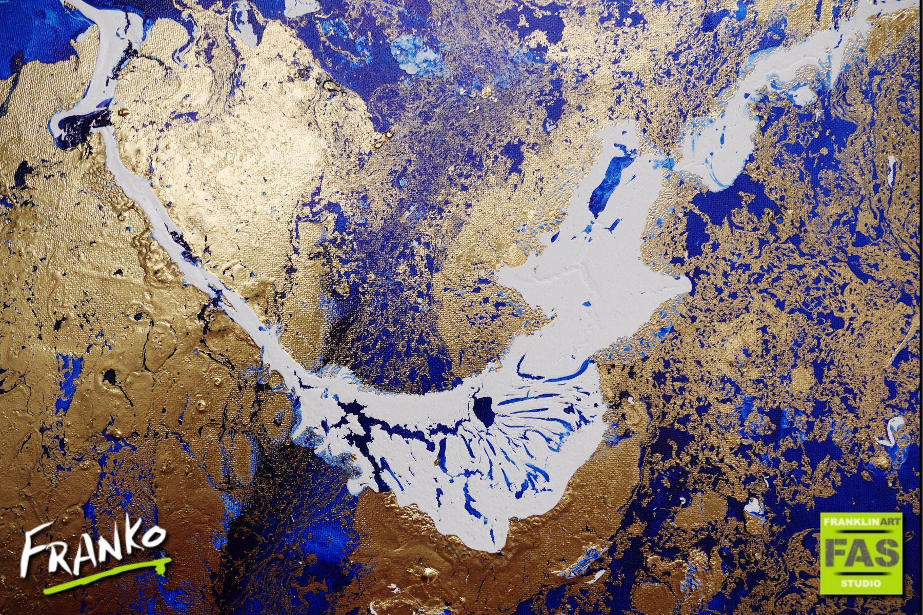 Fluid Gold 120x120cm Blue Metallic Gold Abstract Canvas Art - Modern Wall Decor for Living Room, Bedroom & Office