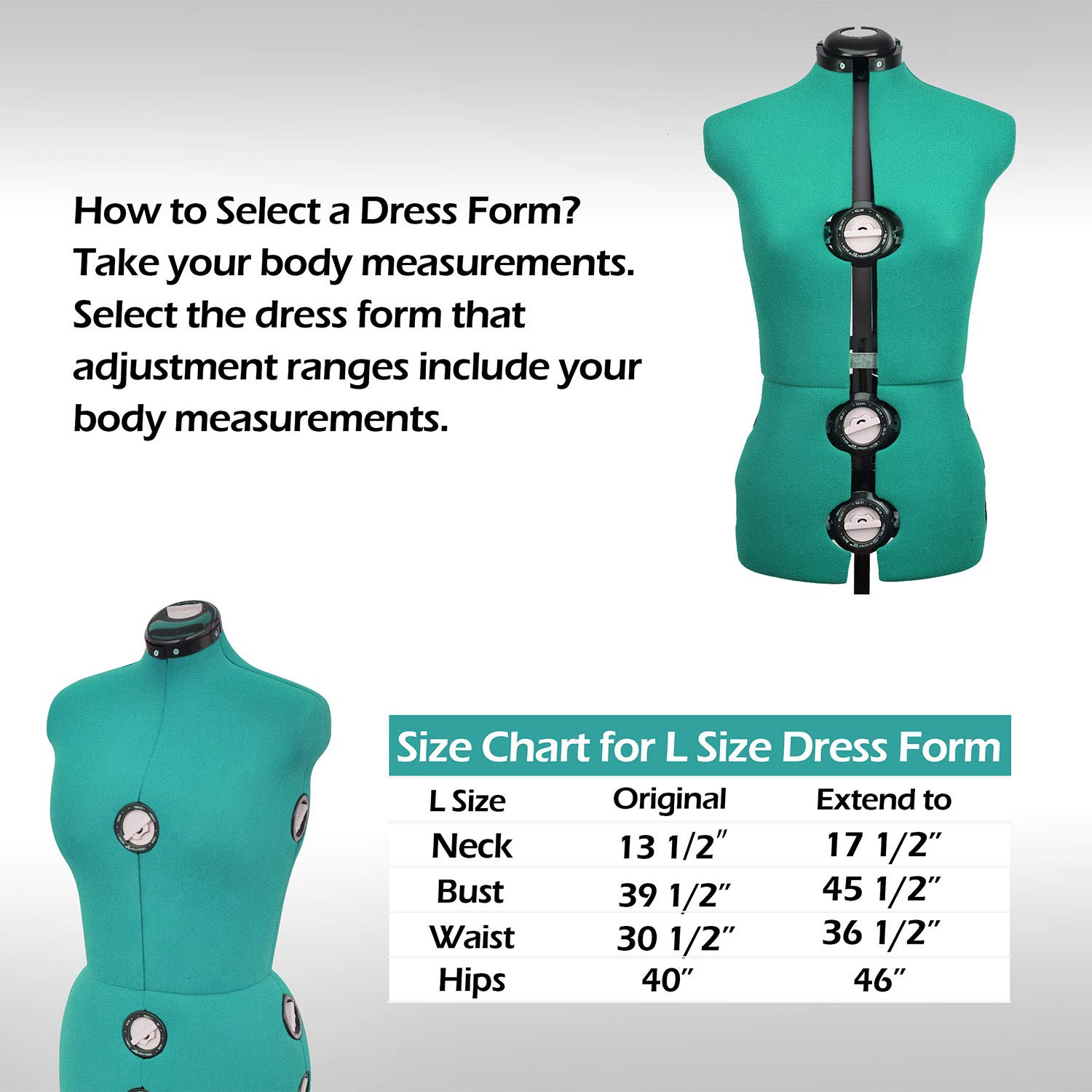 BHD BEAUTY Adjustable Dress Form Mannequin - 13 Dials Female Sewing Mannequin with Tripod Stand, Green Fabric Body Torso (Large, Up to 70