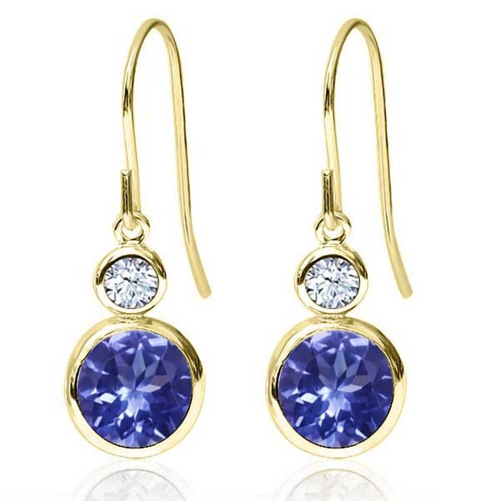 1.92 Ct Round Blue Tanzanite & AAA White Topaz 14K Yellow Gold Dangle Earrings for Women | Gem Stone King | Elegant Jewelry for Parties, Weddings & Special Occasions