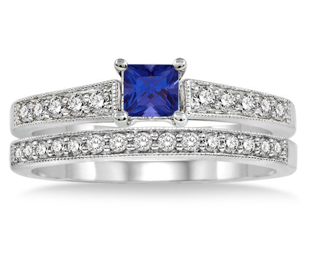 1.5 Carat Sapphire & Moissanite Diamond Vintage Floral Bridal Ring Set in 10K White Gold – Perfect for Engagement, Wedding & Anniversary Gifts