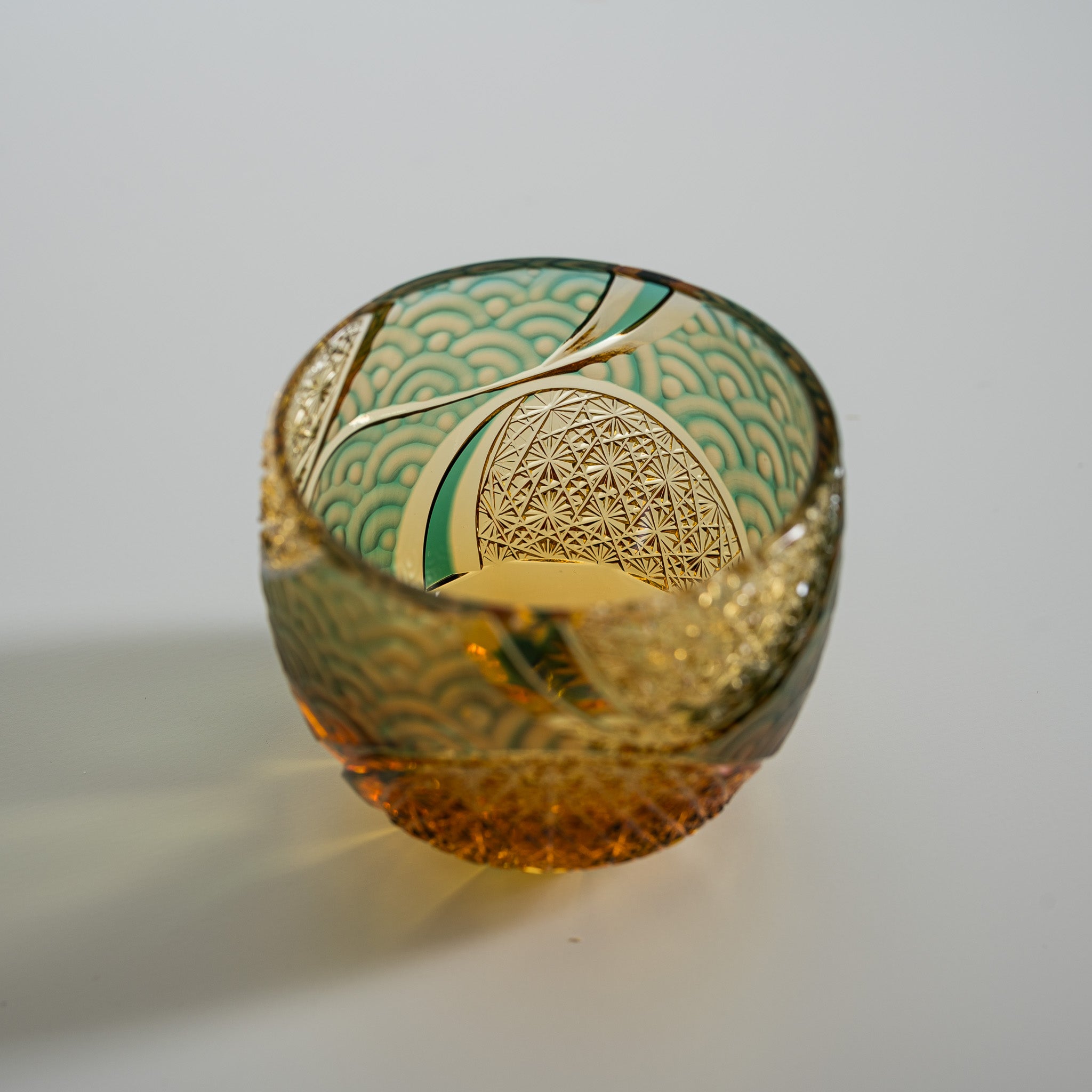 Yamada Glass Crystal Sake Cups - Handcrafted Wave Design Amber Green Japanese Drinking Glasses for Sake, Whiskey & Cocktails - Perfect for Home Bar, Dinner Parties & Gift Giving